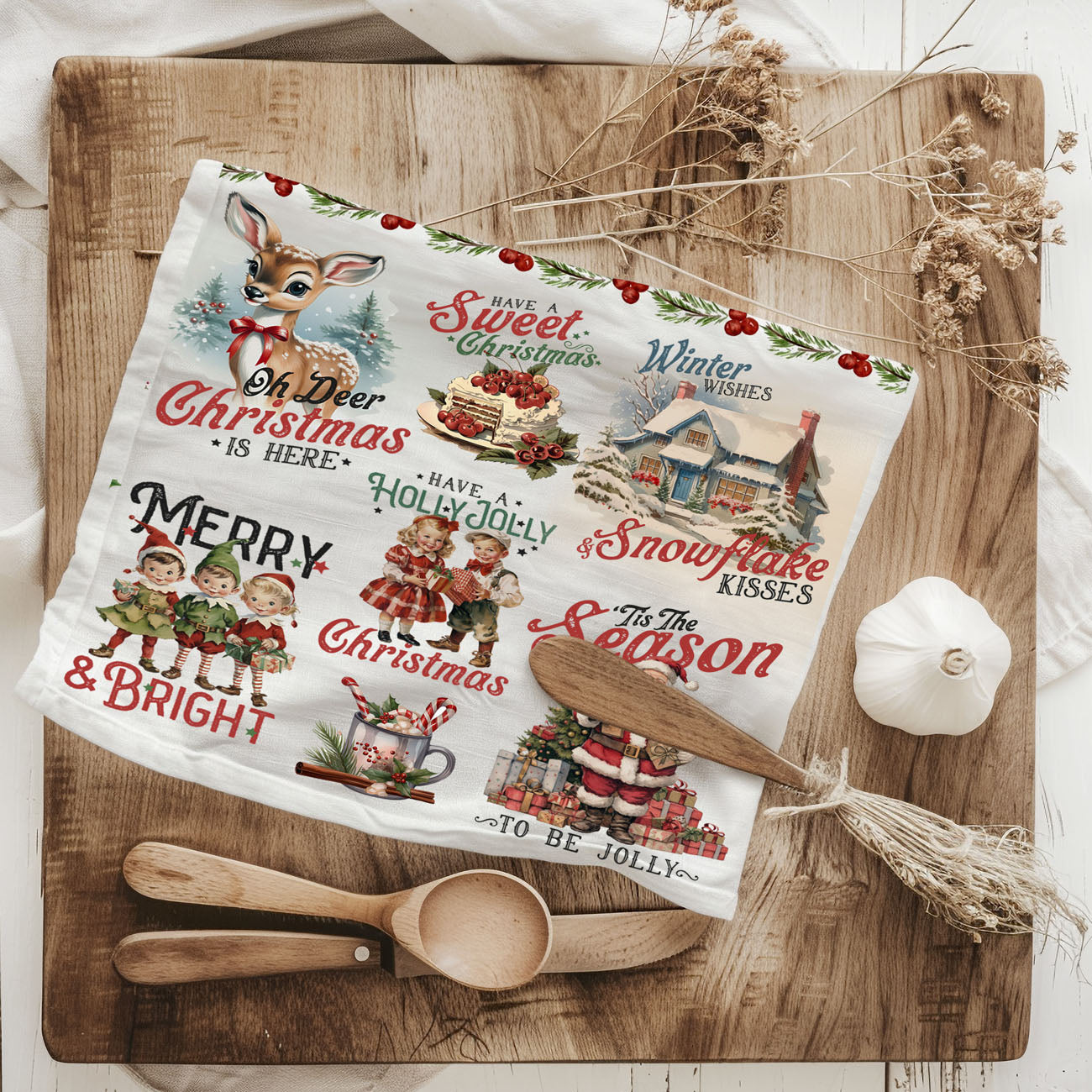 nostalgic christmas characters dish towel retro festive illustration
traditional holiday illustration kitchen towel vintage style design
retro christmas storybook towel nostalgic festive kitchen decor
vintage christmas kitchen decor towel cozy farmhouse holiday home style
retro christmas towel for rustic kitchen holiday decorating ideas