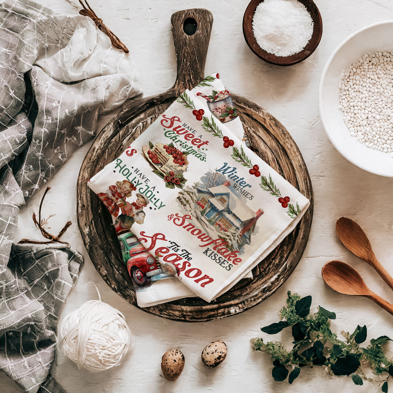 vintage christmas towel lifestyle kitchen holiday photography
retro christmas decor towel cozy holiday home styling