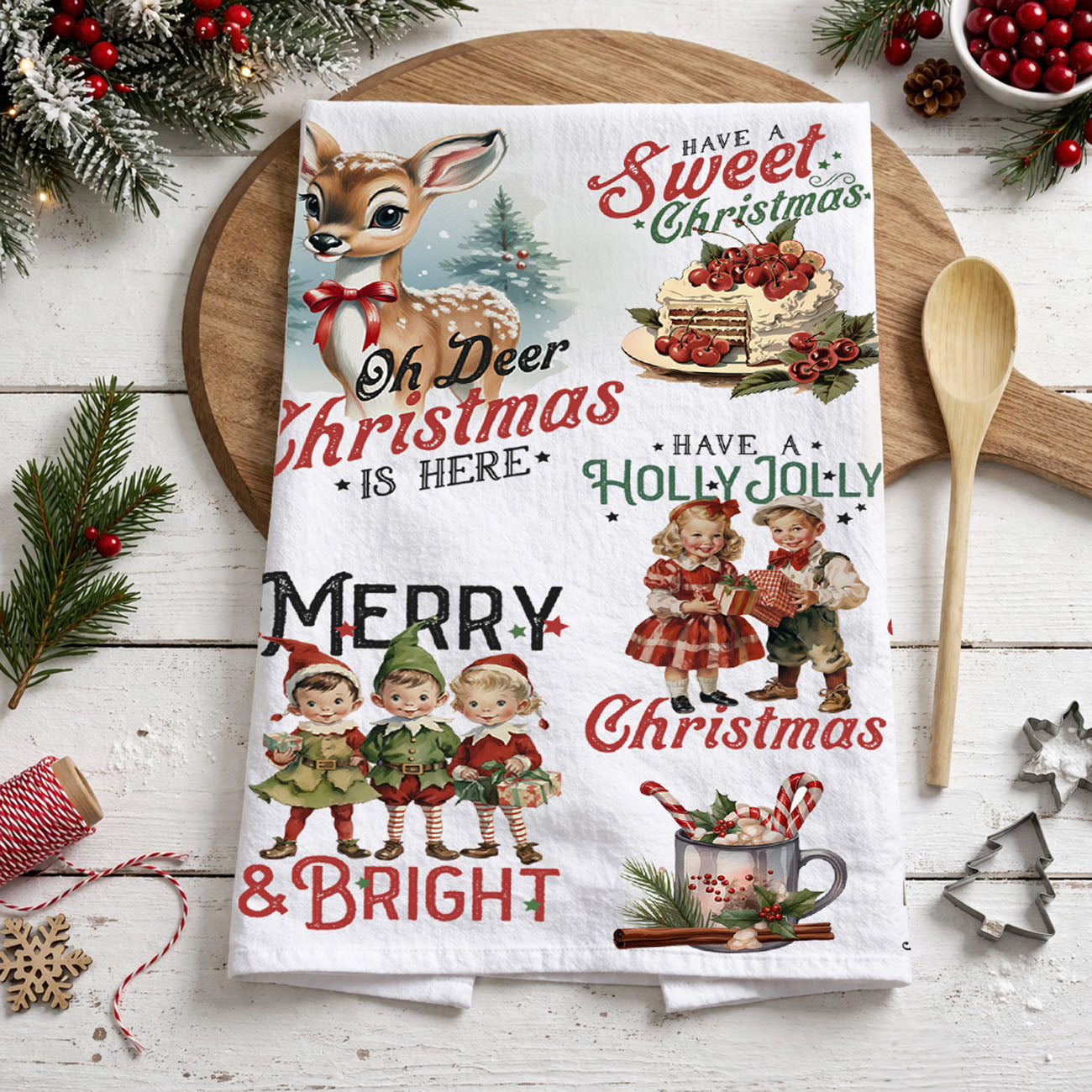 nostalgic christmas kitchen towel reminds of childhood holidays
vintage christmas baking towel cozy nostalgic kitchen decor
retro holiday towel classic christmas morning kitchen vibe
vintage christmas towel old fashioned holiday baking feel
nostalgic kitchen decor towel vintage christmas memories style