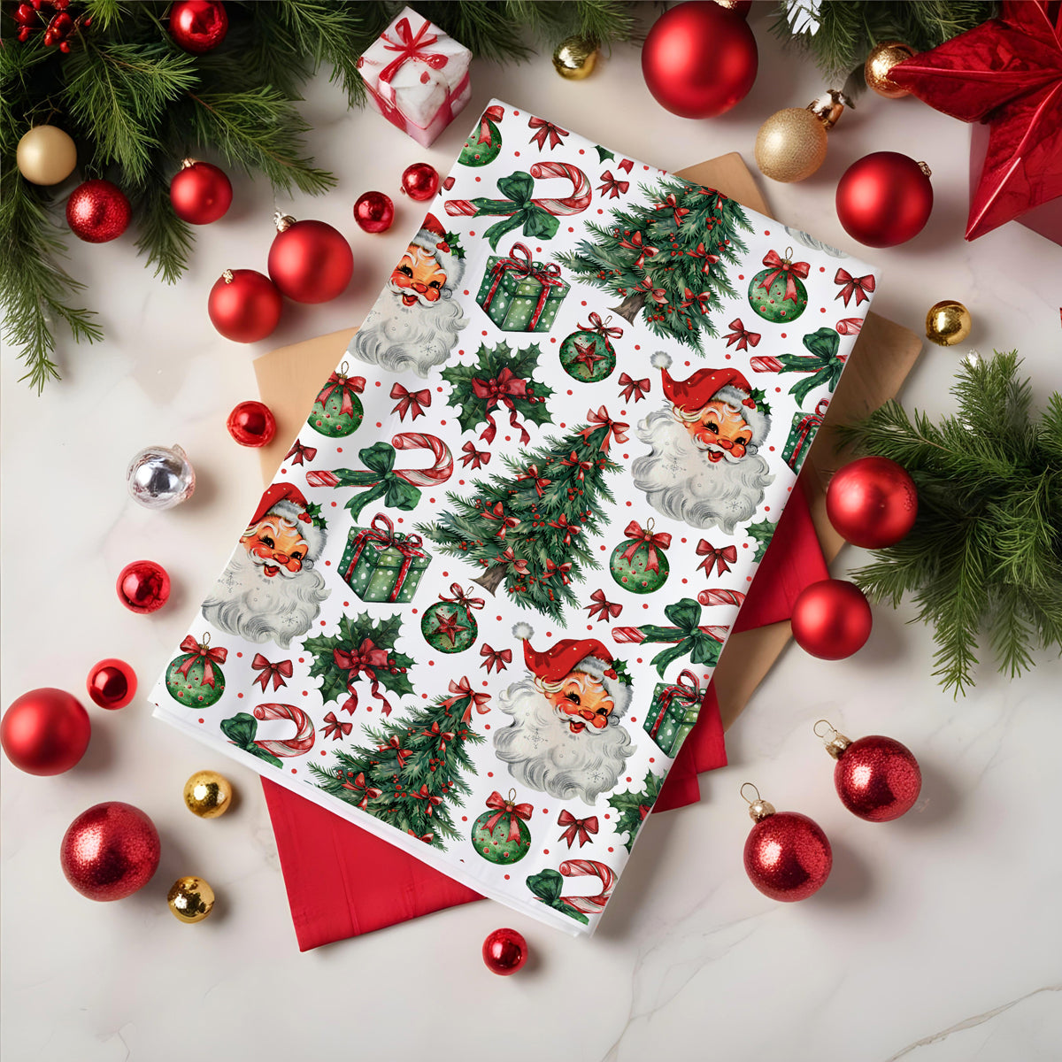 christmas towel with vintage santa and mistletoe design
flour sack christmas towel with santa and holiday gifts
Classic vintage Christmas kitchen towel
Traditional Santa kitchen towel