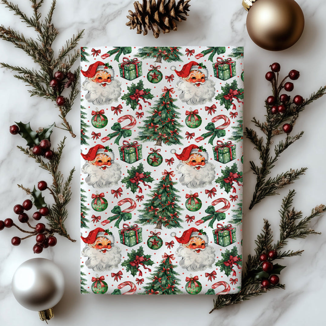 christmas dish towel featuring classic santa and ornaments
santa and christmas decor towel with nostalgic holiday design
fun holiday towel with retro santa and red green accents
Vintage Santa Christmas kitchen towel