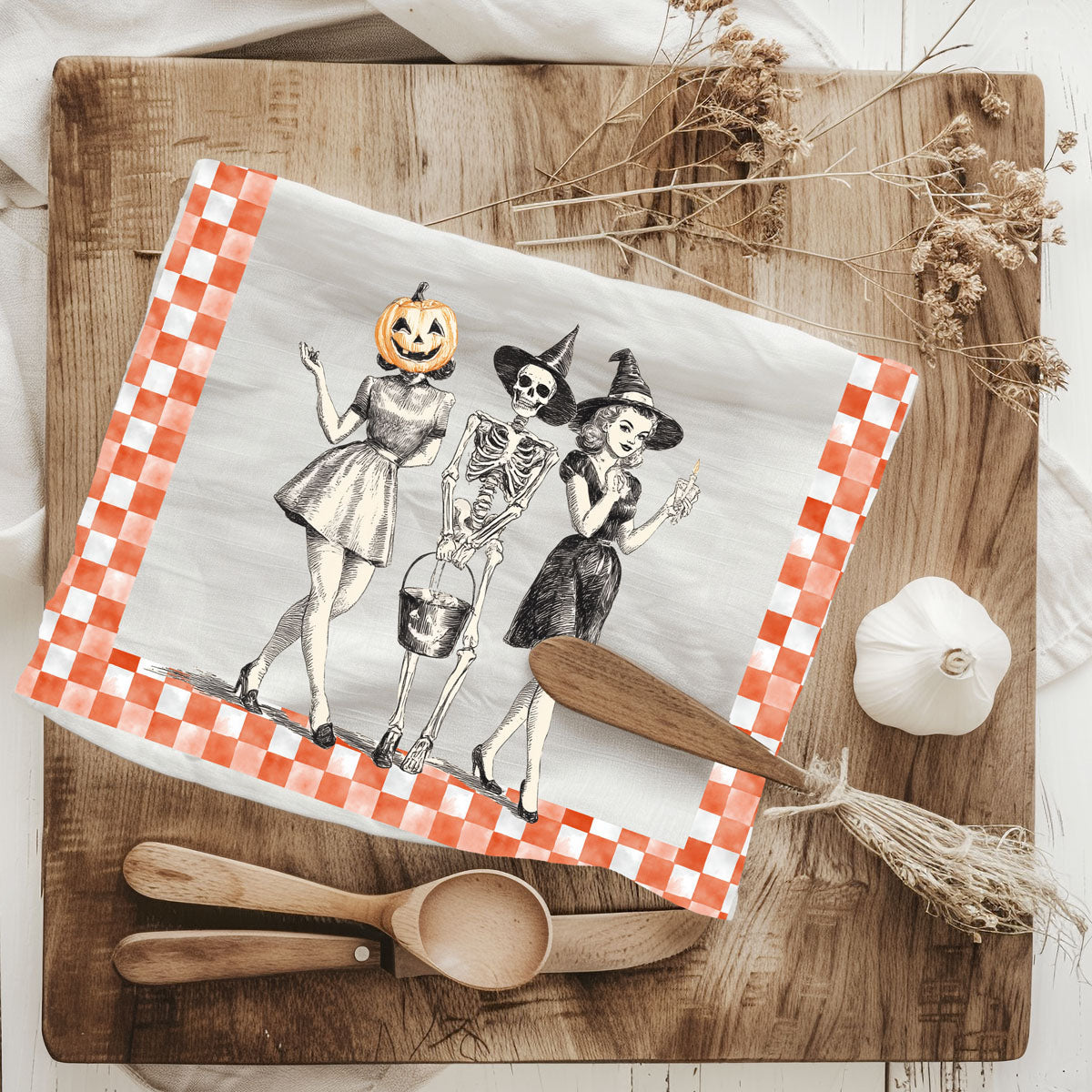 vintage orange check halloween towel for cottage kitchen
retro halloween pinup towel reminiscent of i dream of genie
classic black and orange halloween dish towel with gingham trim