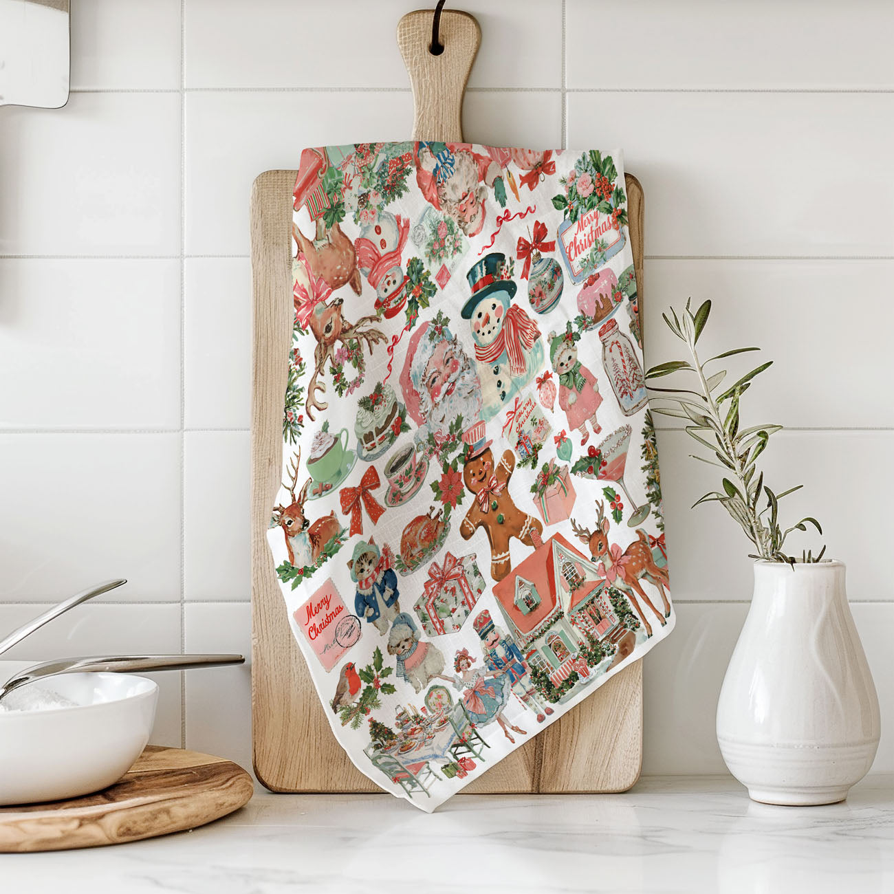 soft neutral pink christmas kitchen styling towel
pink and blush christmas decor kitchen towel aesthetic
romantic christmas decor pink vintage santa towel
whimsical pink christmas kitchen towel retro design