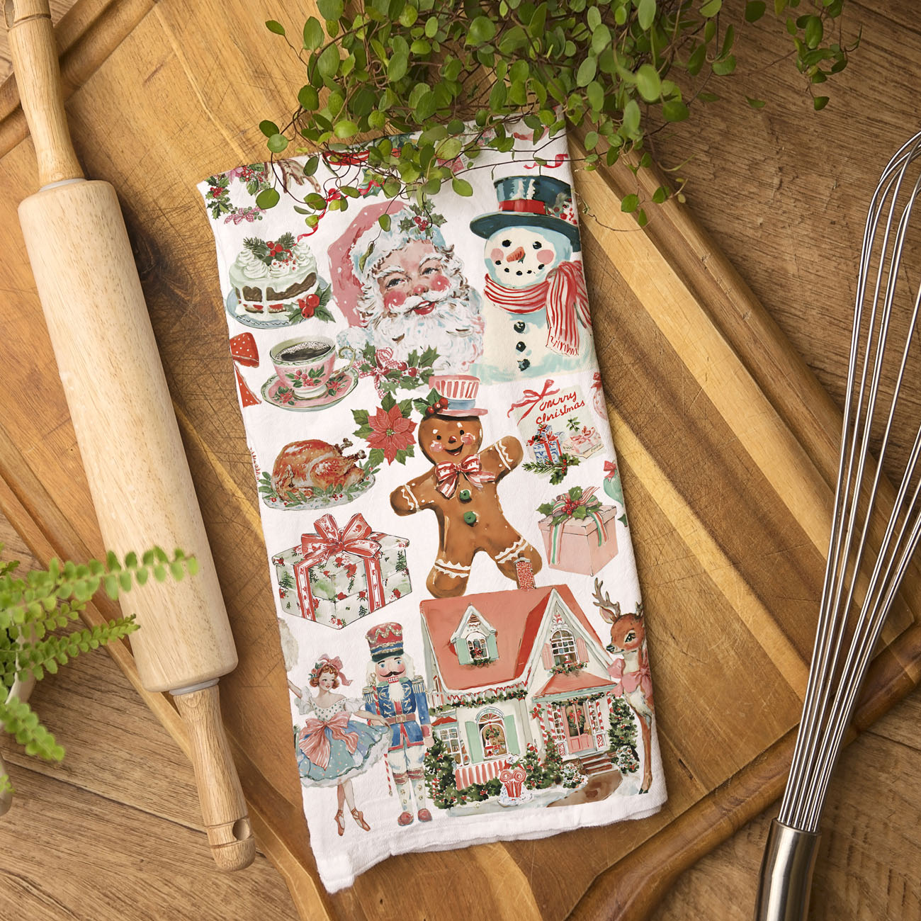 Pink Vintage Christmas Kitchen Towel – Retro Holiday Decor, Cute Santa Tea Towel, Unique Christmas Gift for Women, Farmhouse Holiday Kitchen