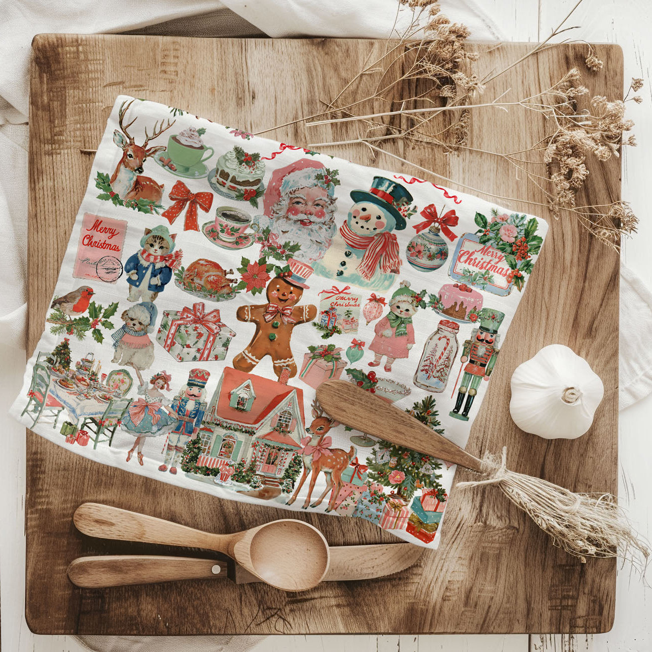 vintage pink santa claus illustration tea towel
pink nostalgic christmas decor towel retro holiday vibe
pink kitsch christmas kitchen towel vintage santa style
soft feminine christmas kitchen towel pink retro theme
pink vintage christmas collage kitchen towel design
