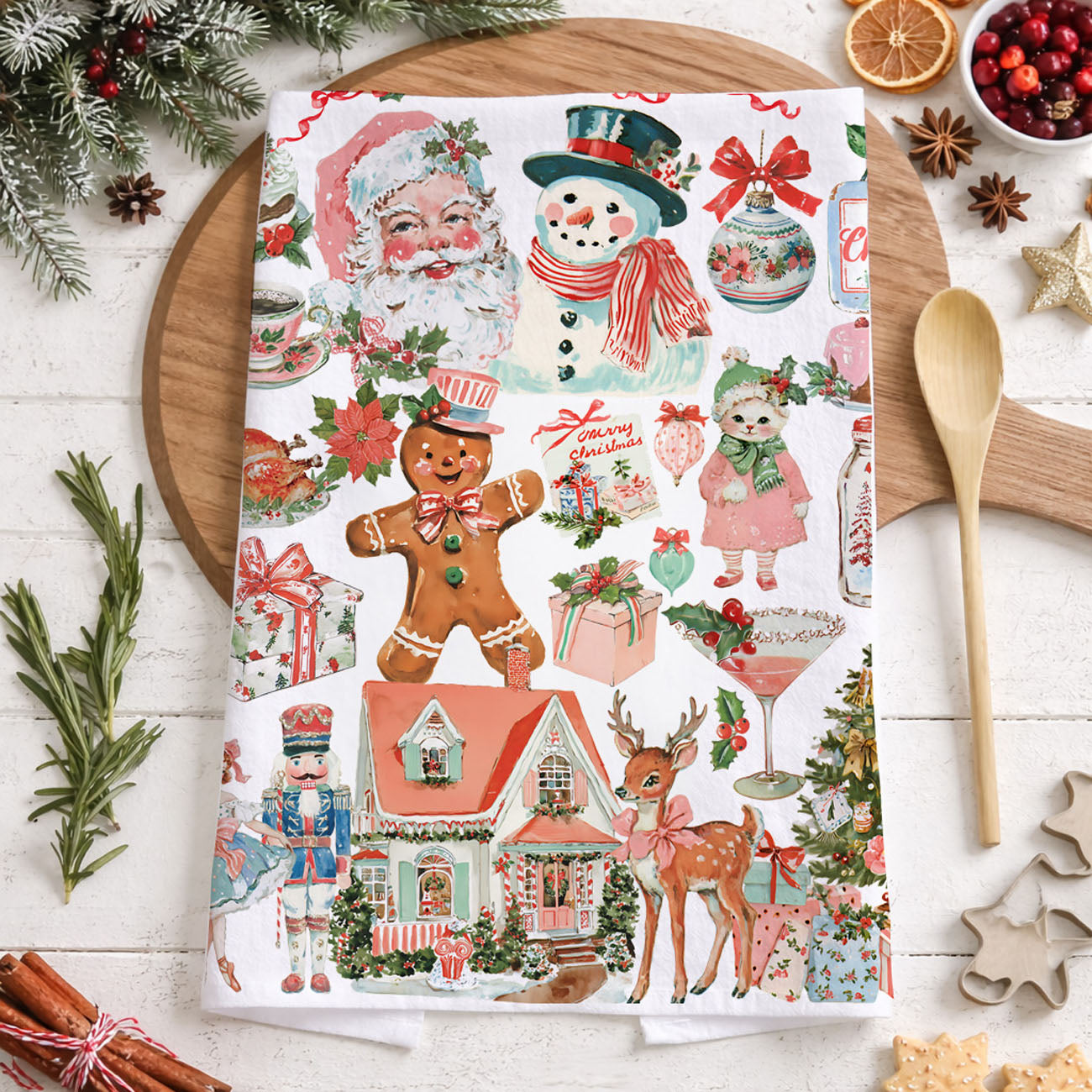 pink vintage charm to your kitchen with this retro Christmas tea towel featuring nostalgic Santa designs and festive holiday scenes. Made from soft flour sack cotton, it’s the perfect unique Christmas gift or cozy farmhouse kitchen decor.
