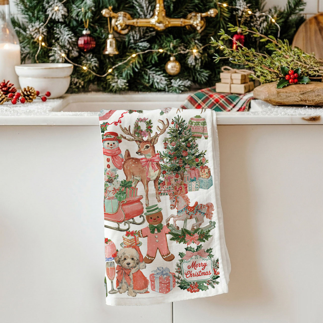 pink christmas hand towel farmhouse kitchen accessory
pink holiday towel for kitchen cleaning and decor
pink christmas kitchen towel everyday holiday use
pink kitsch christmas kitchen towel retro santa aesthetic
vintage pink santa claus pattern tea towel holiday decor