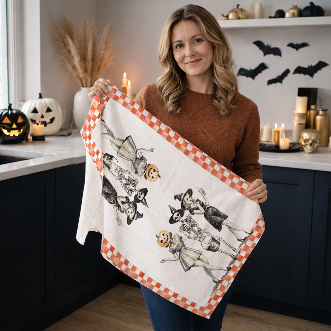 retro halloween kitchen décor towel with skeleton carrying candy bucket
vintage inspired halloween women towel for spooky season
old fashioned halloween towel with pumpkin head lady and witch