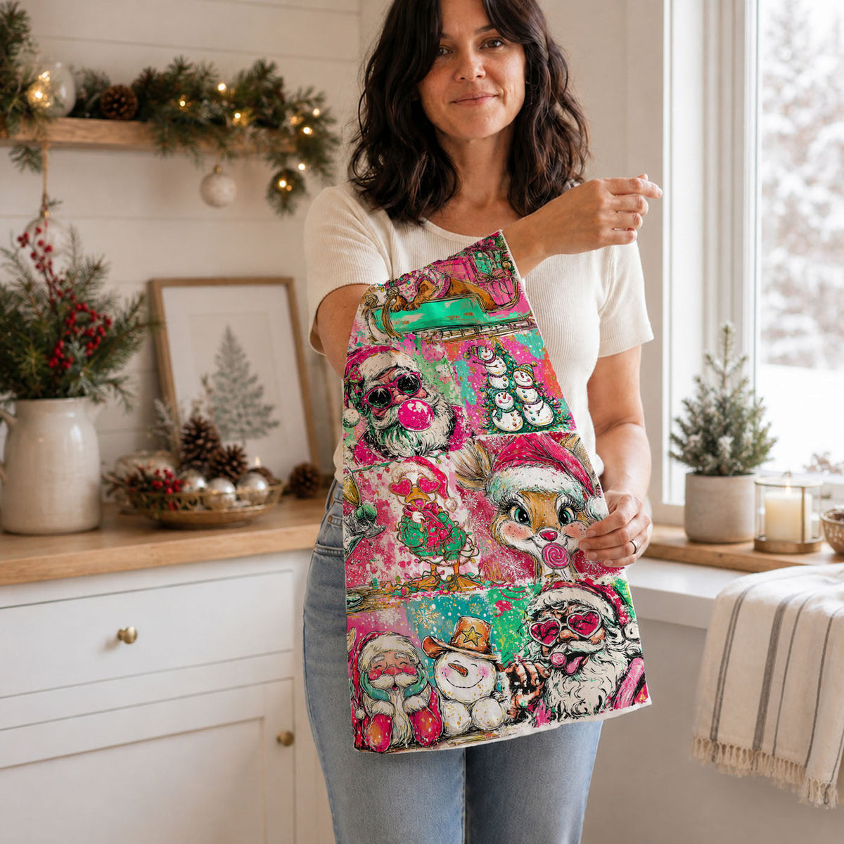 Add personality (and a little chaos) to your kitchen this holiday season with our funny Christmas kitchen towel! Featuring colorful Santa, reindeer, snowmen, and playful holiday designs, this soft and absorbent flour sack towel is perfect for decorating, gifting, or making your guests laugh. A must-have for festive kitchens, hostess gifts, and anyone who loves fun Christmas decor.