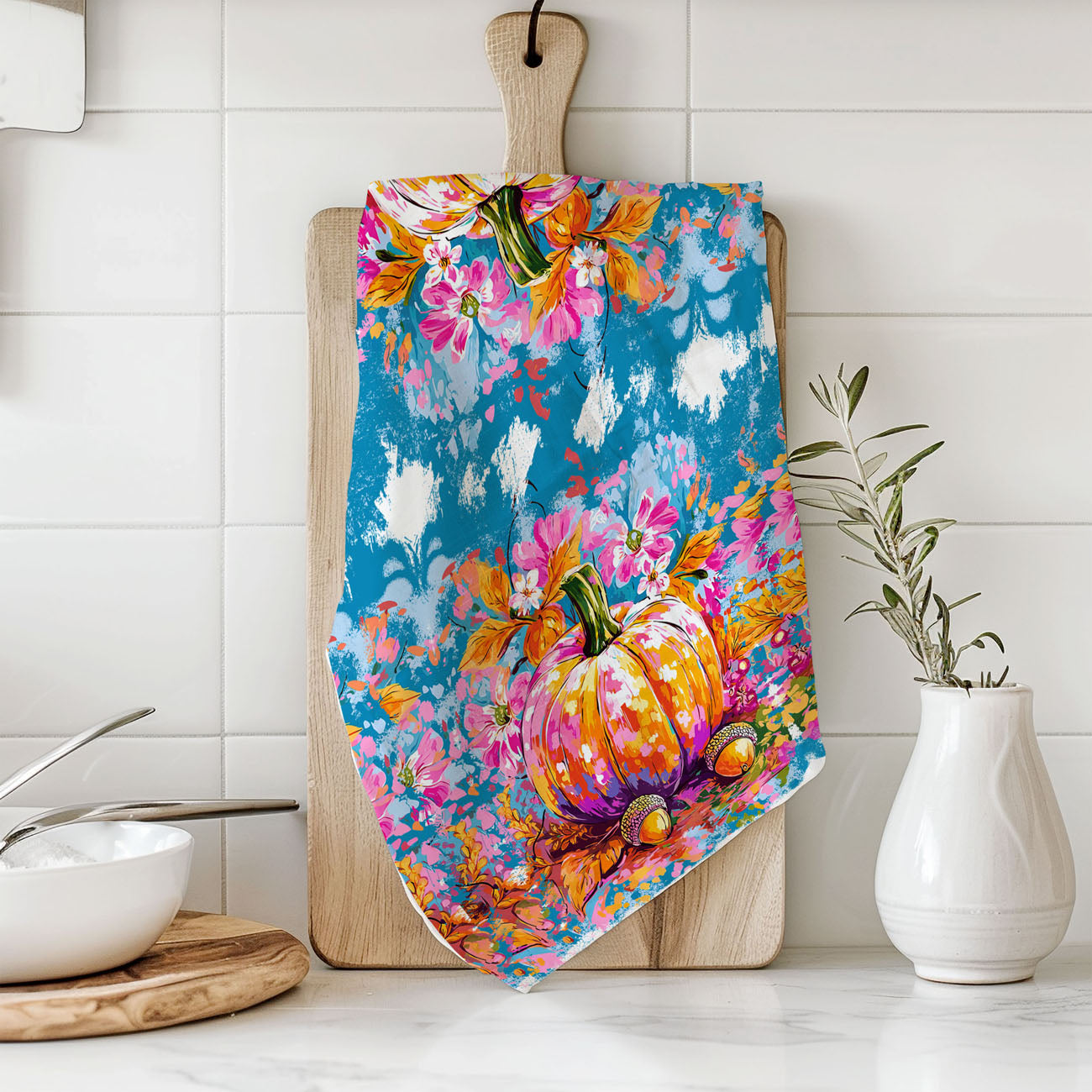 bright boho pumpkin towel for cozy eclectic kitchen décor
colorful farmhouse pumpkin towel hanging on rustic oven door
artsy fall pumpkin towel for open concept kitchen shelving
playful colorful pumpkin print towel for autumn coffee station
vivid pumpkin patch towel for contemporary fall decorations