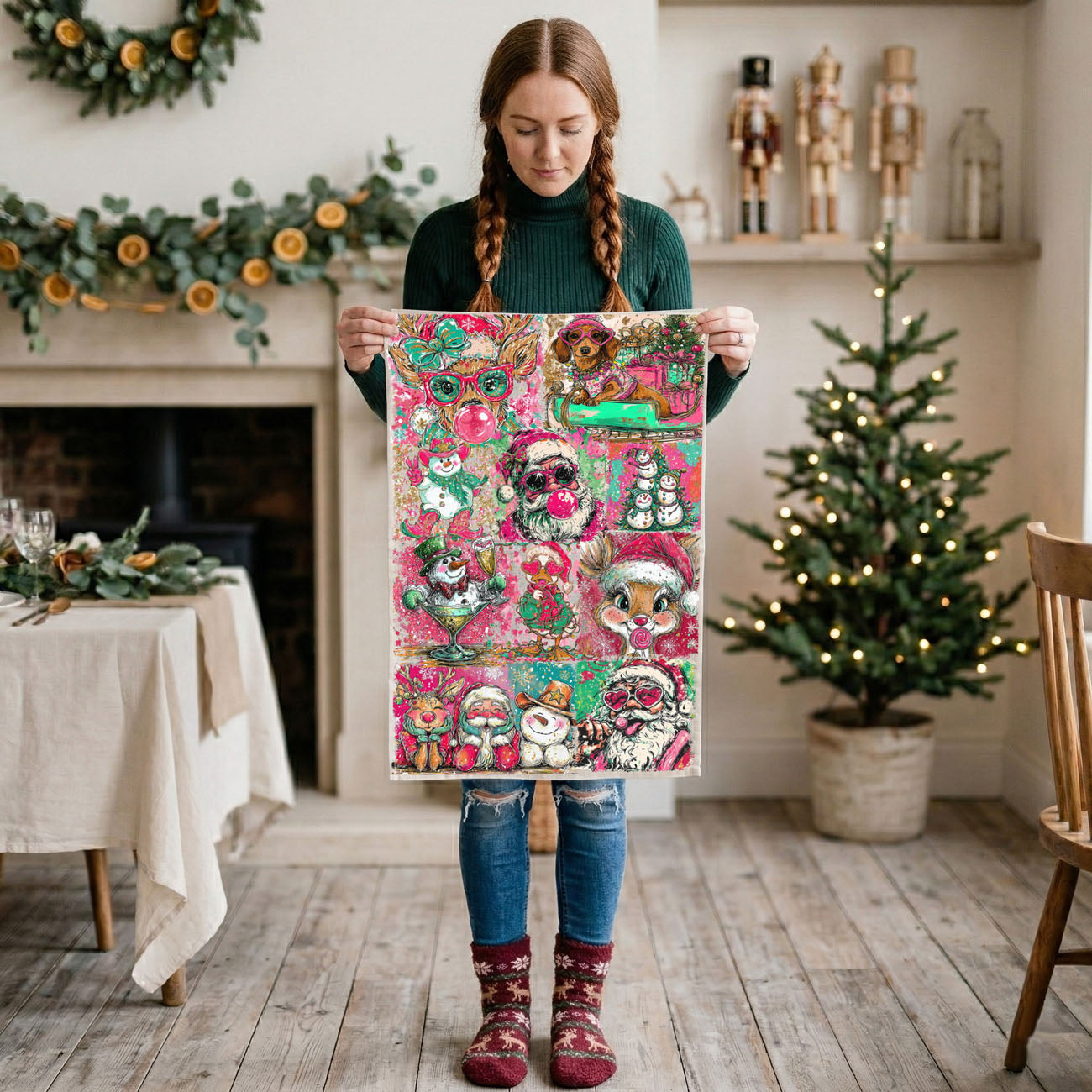 affordable christmas gift kitchen decor towel unique
small christmas gift idea festive kitchen towel
bright colorful christmas kitchen towel with santa reindeer and dog
funny holiday dish towel for women who love bold christmas decor