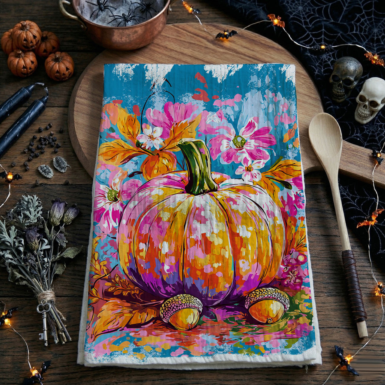 abstract watercolor pumpkin kitchen towel for autumn décor
color splash pumpkin tea towel for colorful thanksgiving kitchen
bold fall pumpkin towel hanging on cutting board with spoon
vibrant autumn kitchen towel for pumpkin spice lovers
modern gallery style pumpkin towel for art lover gifts
colorful farmhouse thanksgiving towel with pumpkin illustration