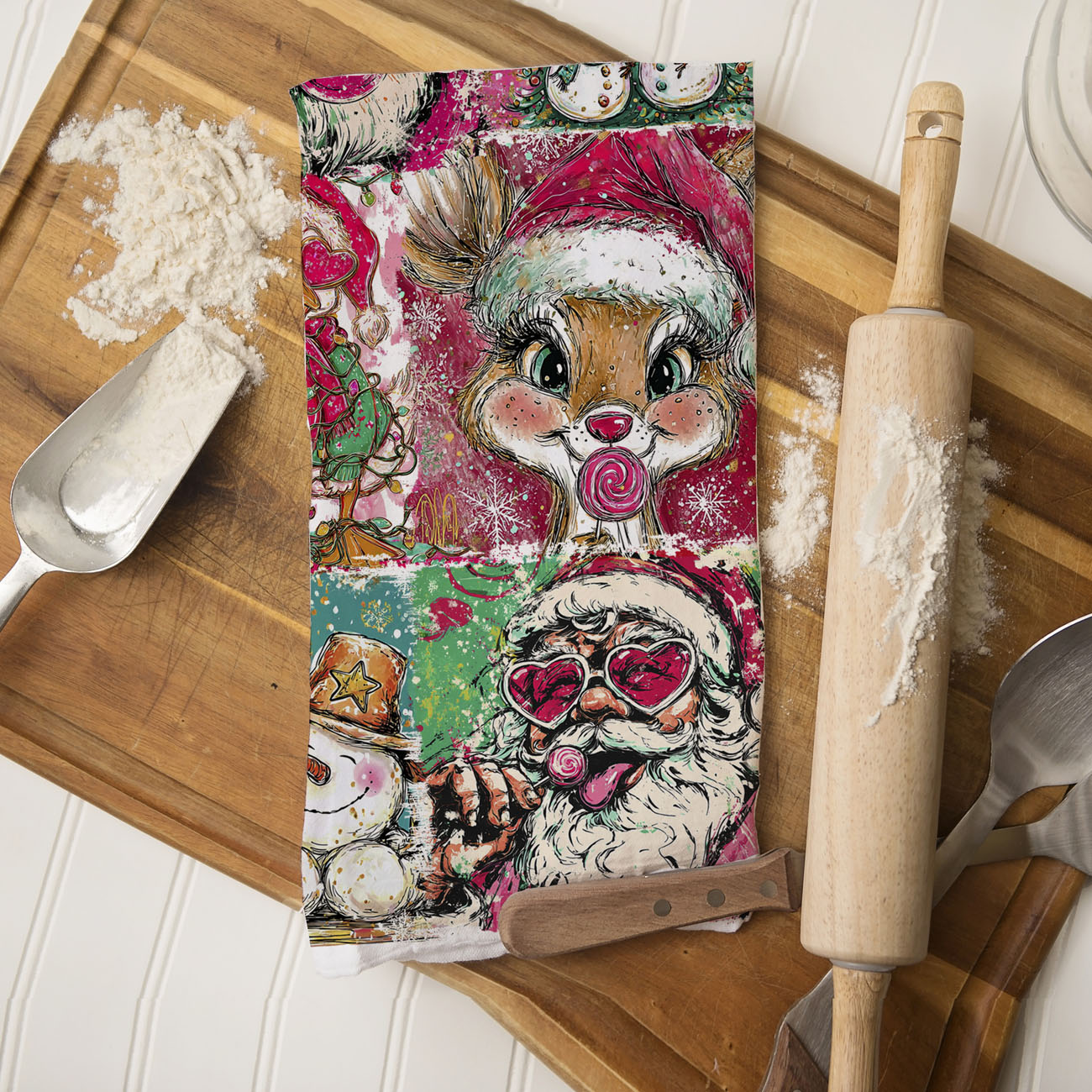 christmas decor for dog lovers kitchen towel gift
holiday dog mom gift colorful christmas dish towel
hand drawn christmas kitchen towel colorful illustration design
artistic holiday dish towel painted christmas characters