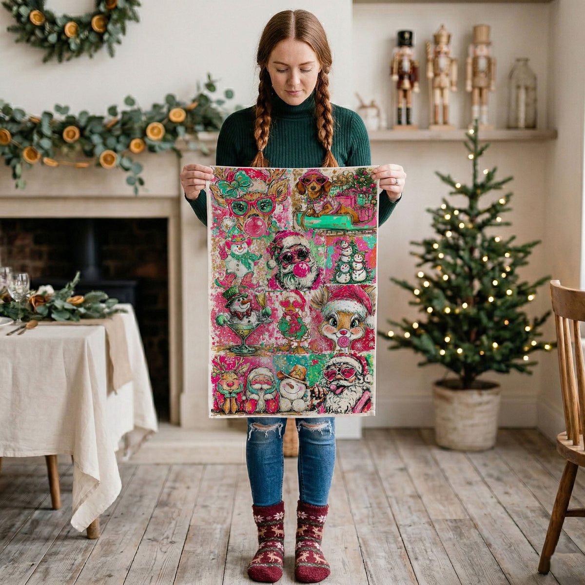 affordable christmas gift kitchen decor towel unique
small christmas gift idea festive kitchen towel
bright colorful christmas kitchen towel with santa reindeer and dog
funny holiday dish towel for women who love bold christmas decor