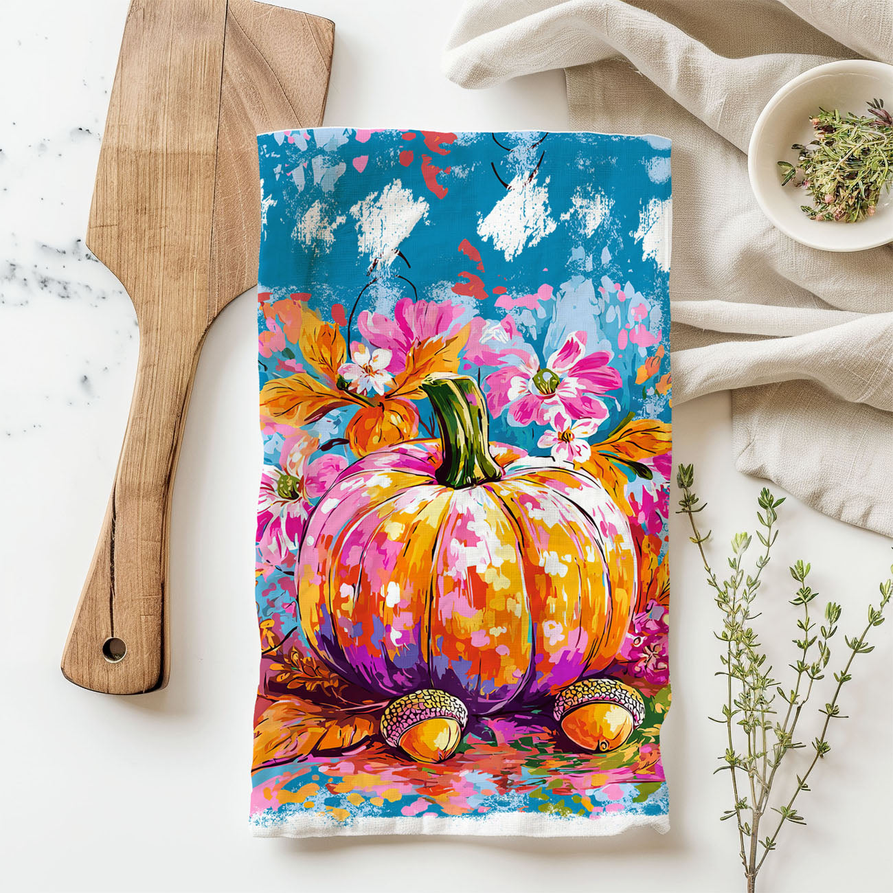 cheerful autumn kitchen towel with vivid pumpkin illustration
color saturated pumpkin towel for eclectic fall decorating
colorful fall centerpiece pumpkin towel for open shelving
artistic pumpkin wall-hanging style towel for seasonal décor
rainbow inspired pumpkin kitchen towel for festive fall home