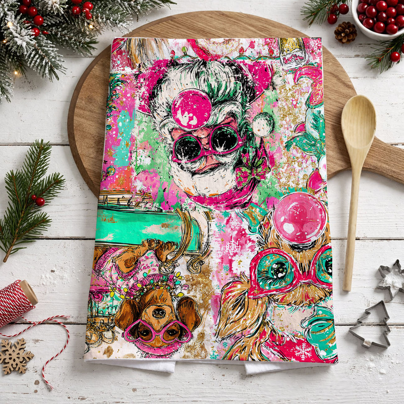 unique christmas kitchen towel for festive hosting and entertaining
cute and quirky christmas towel for modern holiday kitchen decor
colorful whimsical christmas kitchen towel gift for mom or friend