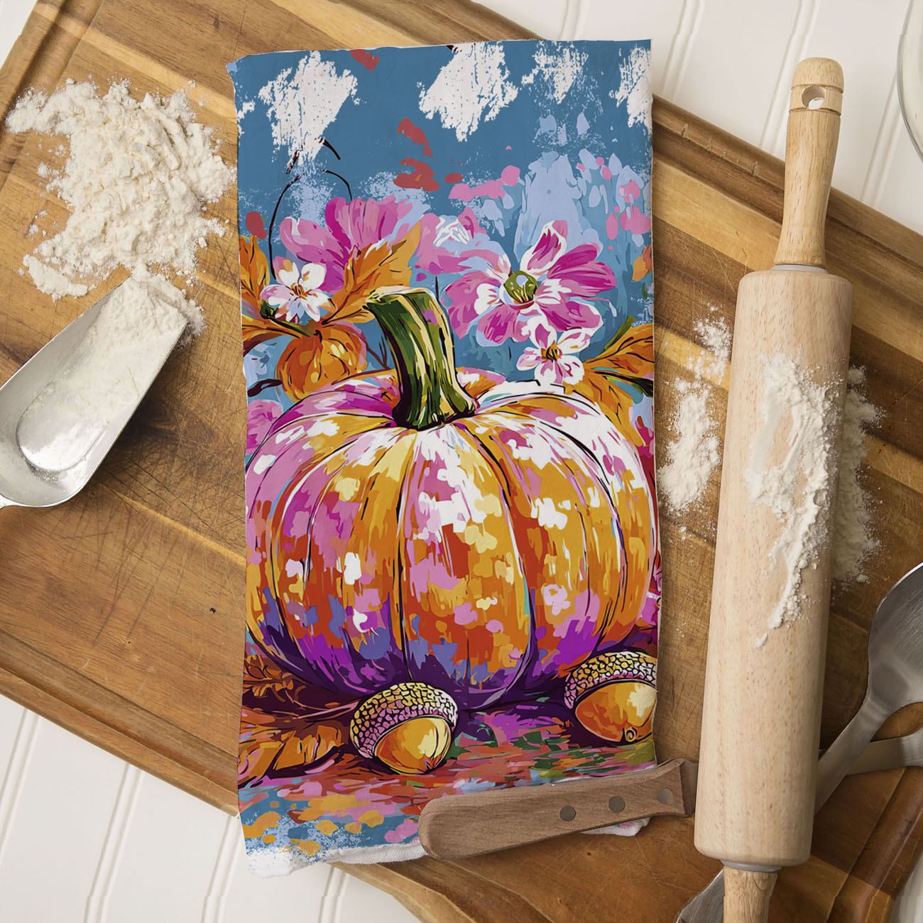turquoise background pumpkin dish towel for trendy fall décor
hand painted pumpkin tea towel for artsy autumn lovers
colorful farmhouse fall towel with modern pumpkin artwork
cheerful pumpkin kitchen towel for year round autumn vibes