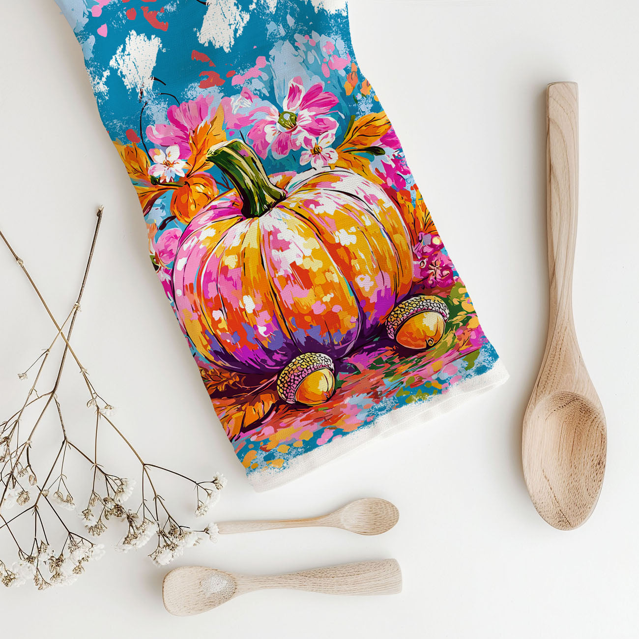 boho colorful pumpkin towel for eclectic autumn kitchen
bright fall kitchen towel for coffee bar decoration
vivid pumpkin and floral print towel for seasonal home décor
artistic fall pumpkin towel perfect for gift baskets
