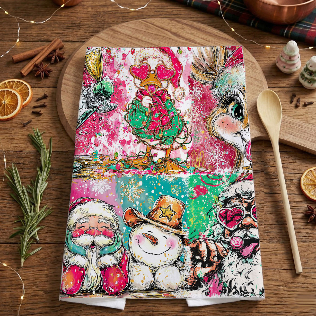 sketch style christmas towel whimsical festive artwork
illustrated christmas kitchen decor towel unique art design
creative christmas dish towel bold graphic holiday print
winter holiday kitchen towel colorful christmas decor