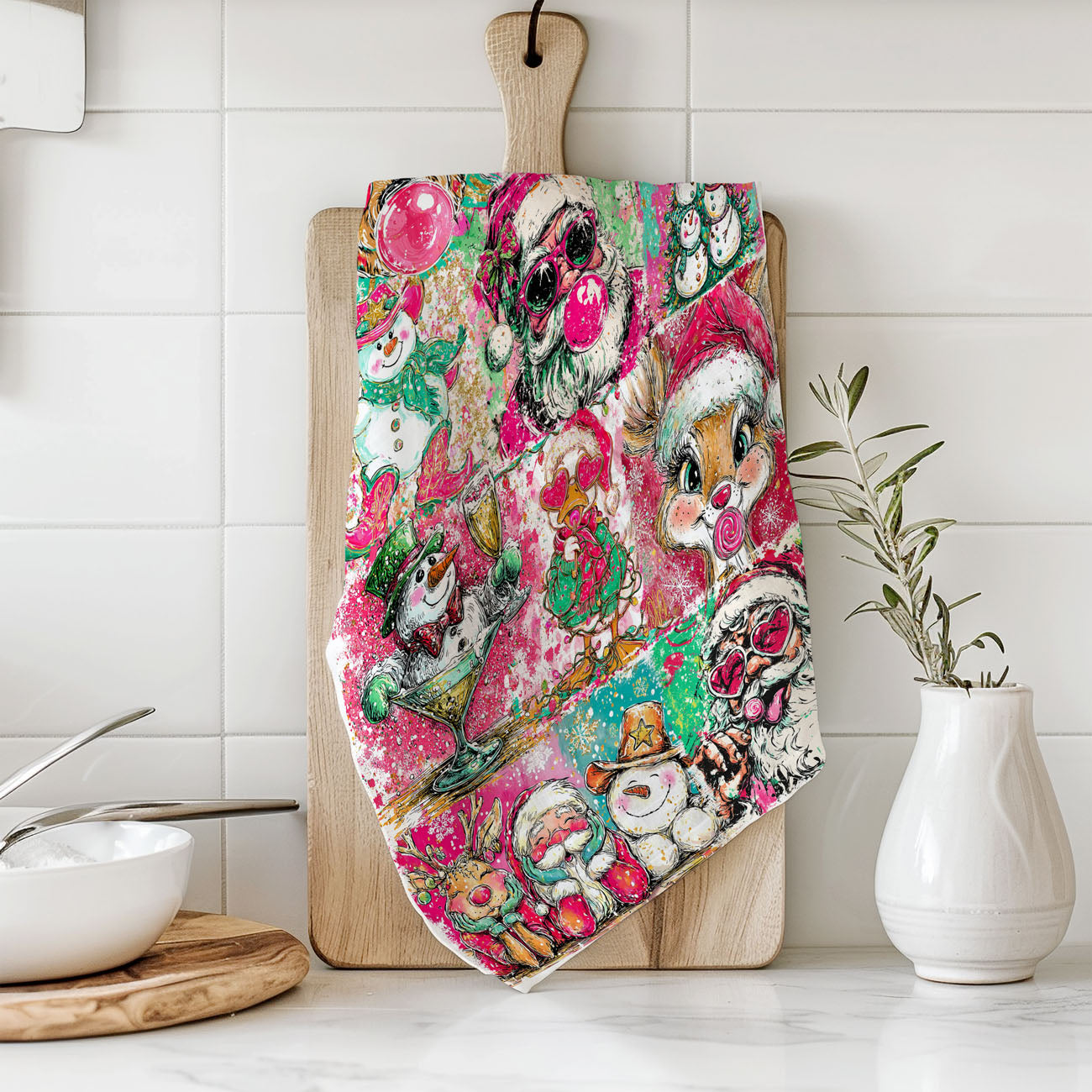 funny colorful christmas kitchen towel with santa and reindeer
unique holiday dish towel with cute animals and festive design
giftable christmas tea towel for women who love fun decor
bright christmas kitchen towel for festive holiday hosting
cute and funny christmas towel for holiday kitchen decor