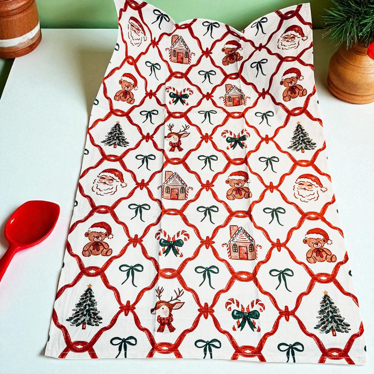 Christmas icons kitchen towel pattern
traditional christmas towel with festive red ribbon pattern
Adorable Christmas decor gifts
Sweet Christmas kitchen accessories gifts
Cute Christmas kitchen essentials gifts