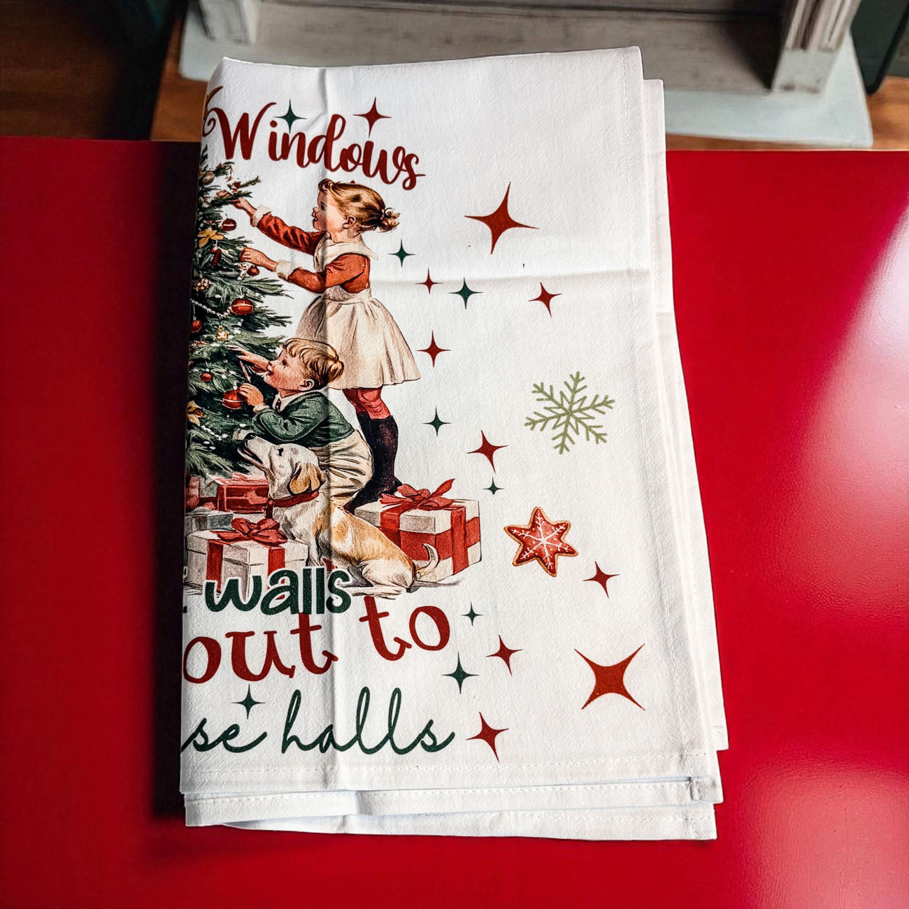 18x29 funny christmas towel with vintage holiday design
humorous holiday tea towel with retro kids and christmas tree
funny christmas kitchen towel with vintage christmas scene