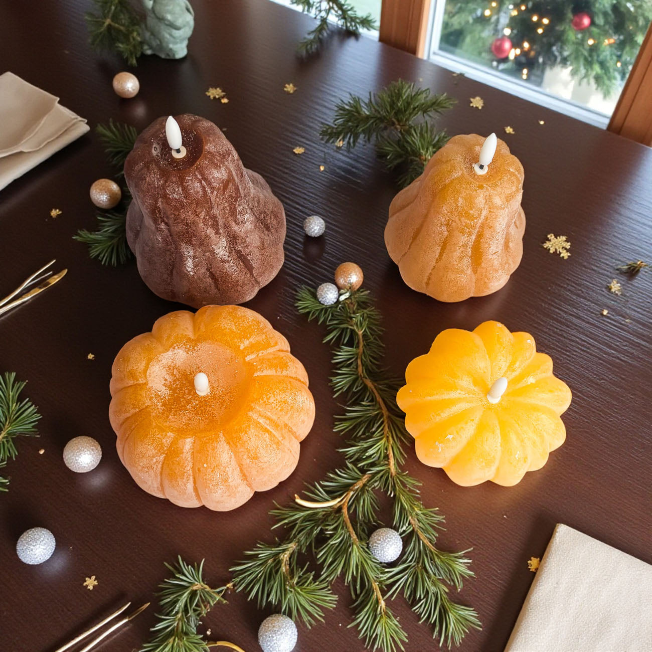 Thanksgiving table centerpiece flameless candles
farmhouse fall pumpkin candle decor
rustic gourd flameless wax candles