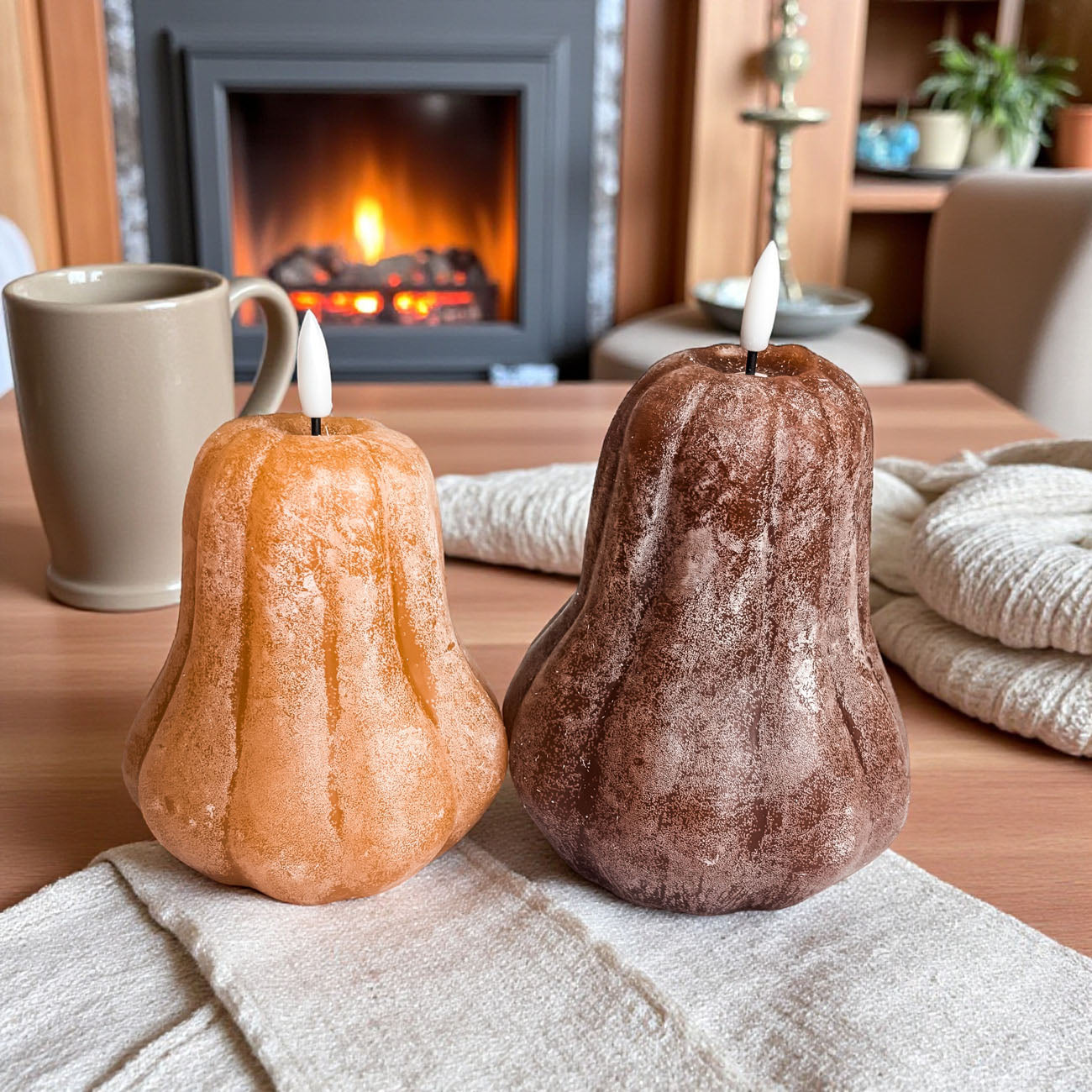 safe LED candles for homes with kids and pets
rustic farmhouse pumpkin candle decorations
pumpkin shaped LED candles for dining table