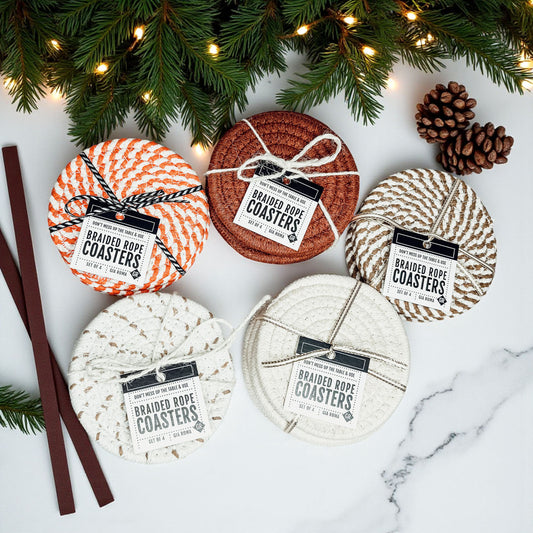 gift-ready coaster set for fall includes ribbon and branded tag
handcrafted coaster set with gift tag perfect for home decor lovers
cotton braided rope coasters handmade set with tag