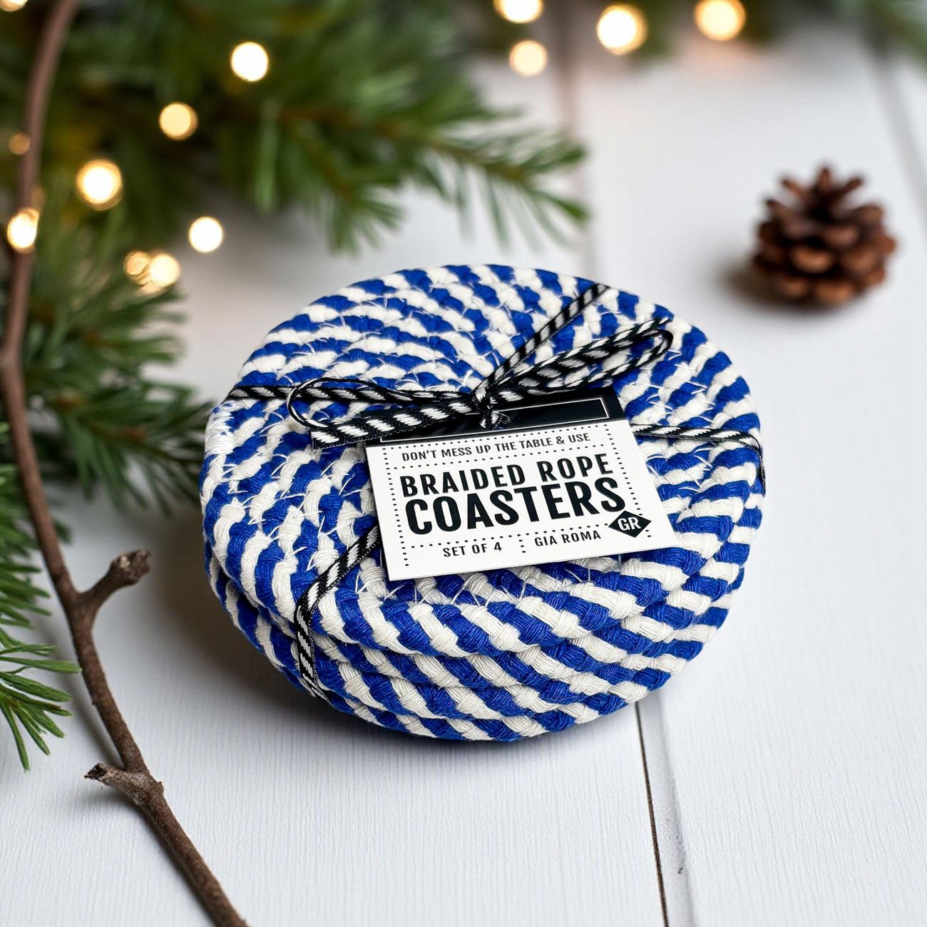 Four blue and white rope coasters braided coastal gift set
Blue white braided coaster quartet nautical home accessories
4-pack blue and white braided rope coasters coastal