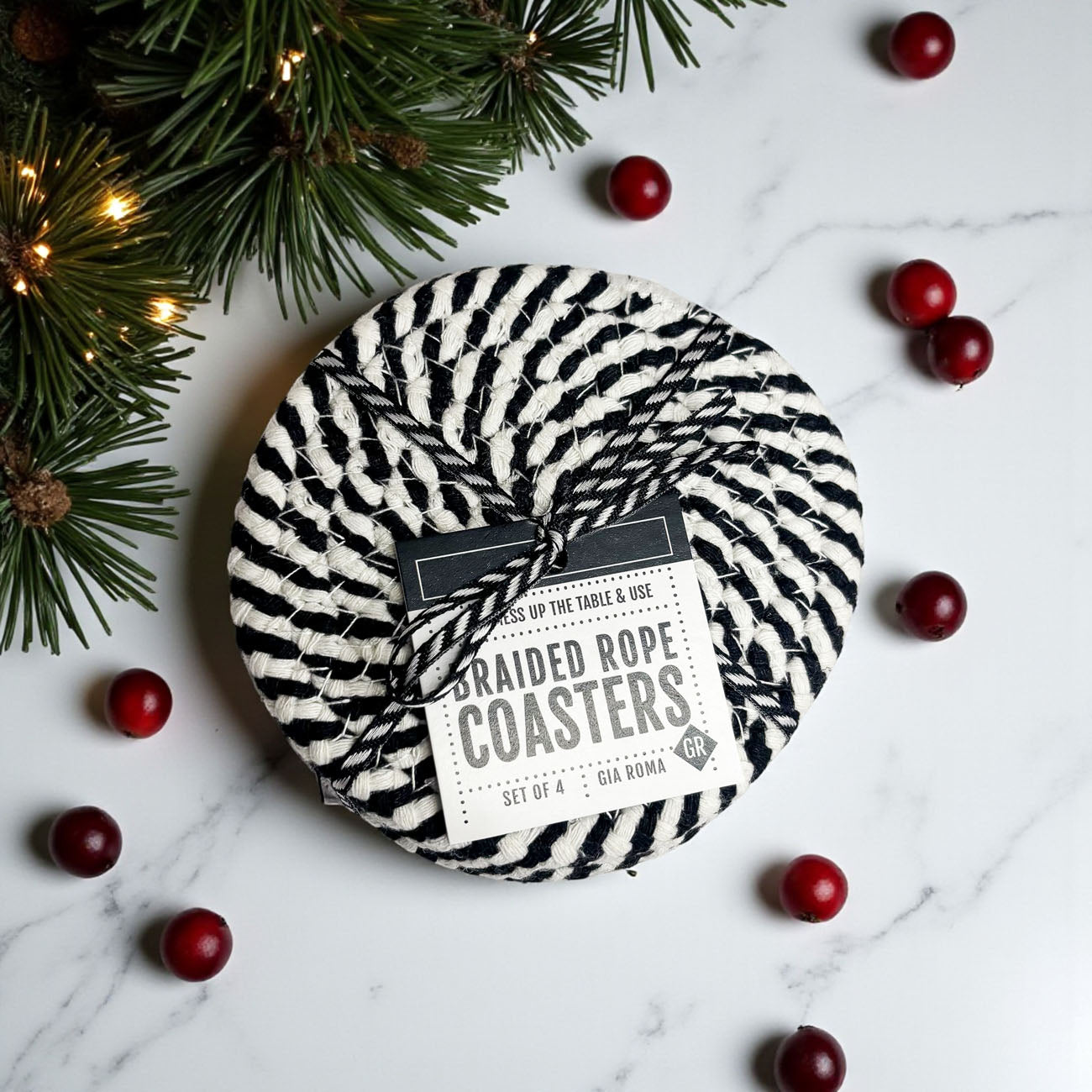 Black and White Rope Coasters Set | Monochrome Home Decor Gift | Gia Roma
Shop handcrafted black and white braided rope coasters. Set of 4 modern home decor accessories. Perfect hostess or housewarming gift. Ships within 72 hours.
