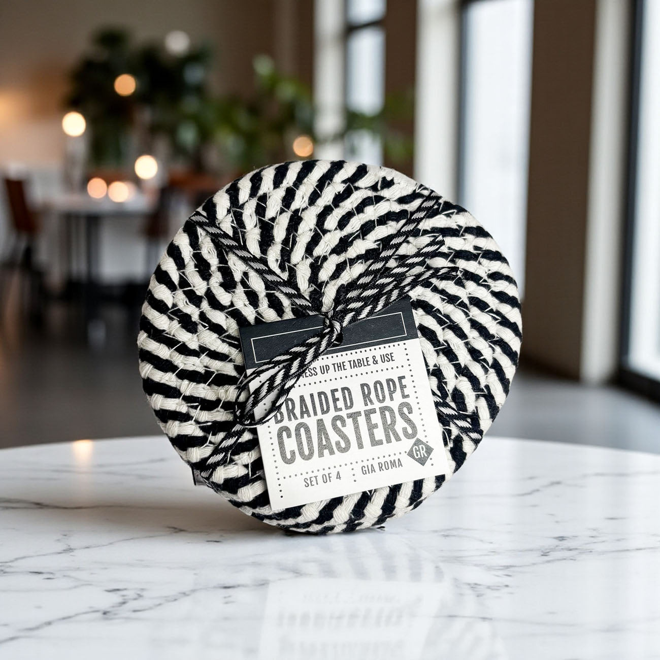 Year round black white braided rope coasters modern decor
Timeless black and white braided coasters home accessories gift
Classic black white rope coasters braided contemporary decor