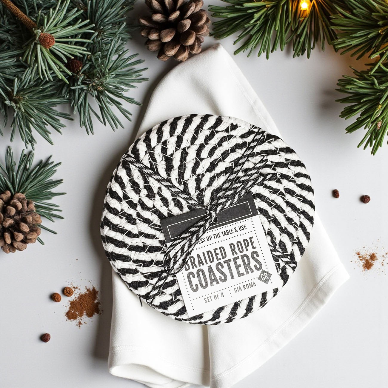 Table protection coasters black white braided rope gift set
Coffee table coasters black and white braided modern accessories
Bar coasters black white braided rope contemporary home decor