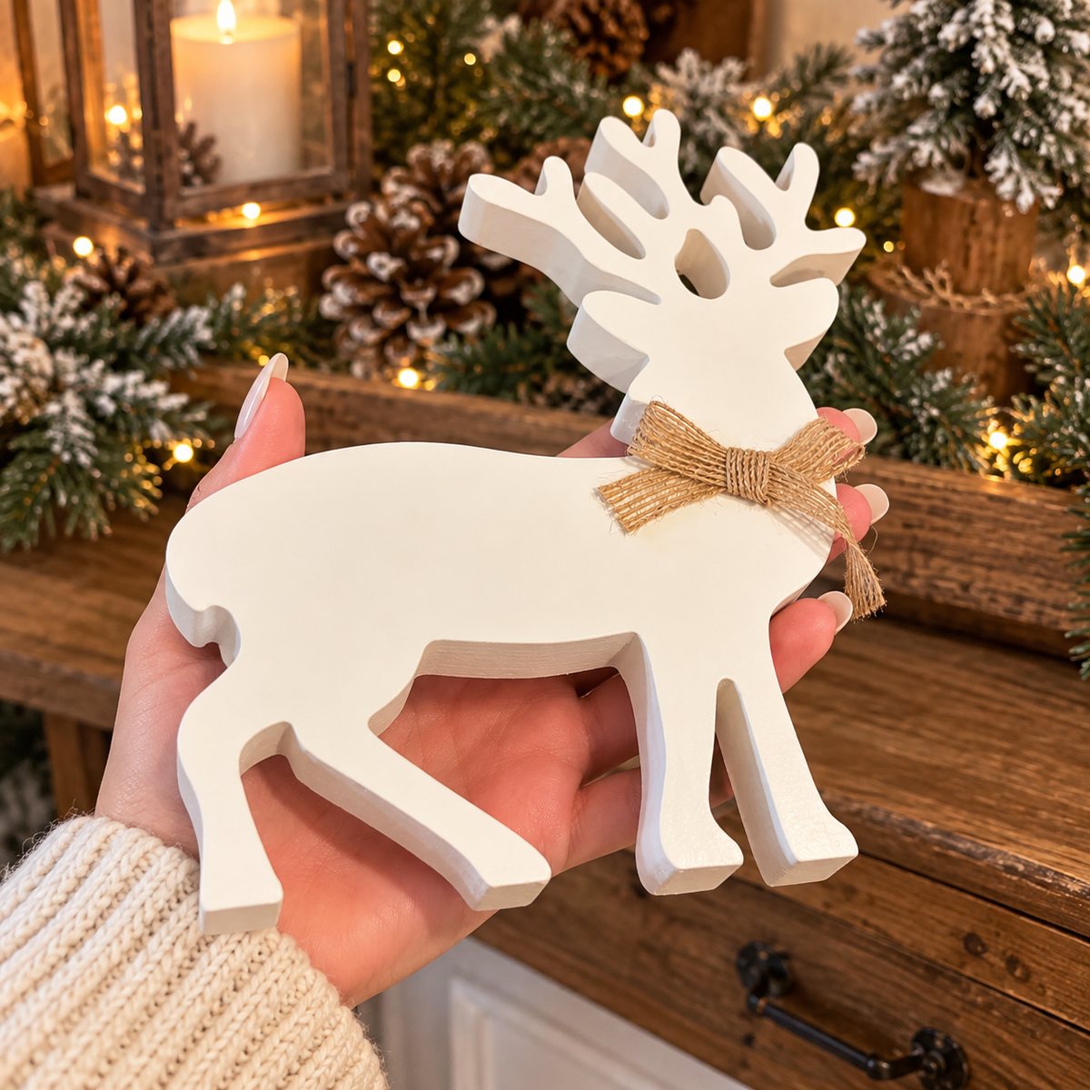 Decorative reindeer pair for Christmas displays
White Christmas deer figurines for shelves and mantels
Farmhouse wooden reindeer decoration set