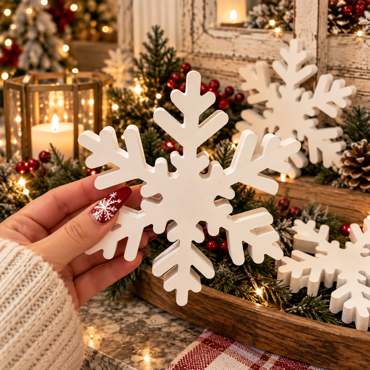 white wooden snowflakes for Christmas
farmhouse Christmas tabletop decor
rustic white snowflake Christmas decorations
Christmas snowflake mantle decor