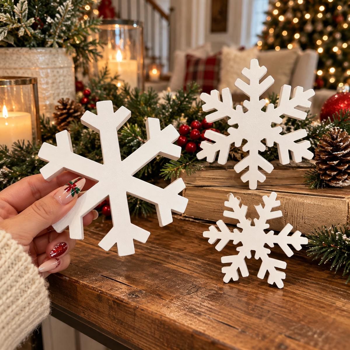 rustic wooden snowflake decor with pinecones berries and Christmas lights
white wooden snowflakes displayed on farmhouse Christmas table