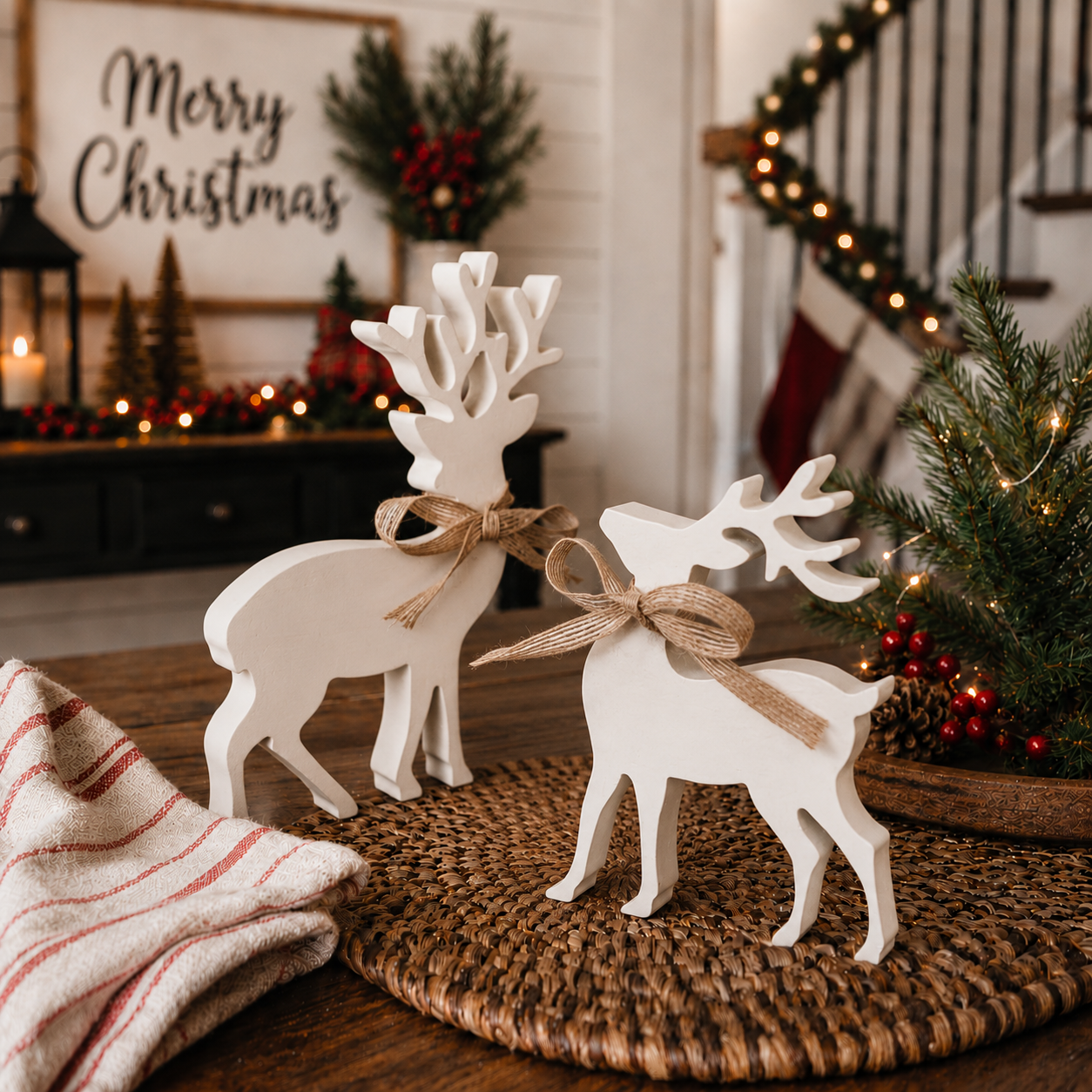 Rustic farmhouse white reindeer Christmas decorations
Modern farmhouse wooden reindeer décor
Neutral Christmas decorations with white deer figurines
Scandinavian-style white wooden reindeer
Cottage Christmas décor with rustic reindeer
Minimalist white Christmas reindeer decorations
Woodland Christmas décor with wooden deer
Country Christmas decorations with burlap bow reindeer
Cozy cabin Christmas décor with white deer figurines
Traditional Christmas décor with decorative reindeer