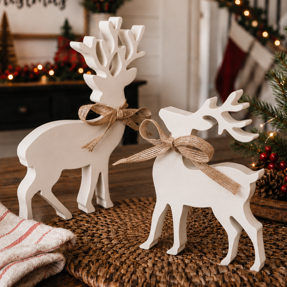 White wooden reindeer for Christmas mantel décor
Small Christmas reindeer decorations for shelves
Freestanding wooden deer for a holiday tabletop
White reindeer figurines for fireplace mantel decorating
Christmas reindeer décor for an entryway console table
Wooden deer decorations for a holiday centerpiece
White Christmas figurines for floating shelves
Small holiday reindeer for tiered tray décor
White deer decorations for a Christmas village display
Wooden reindeer for a festive dining room table
Christmas