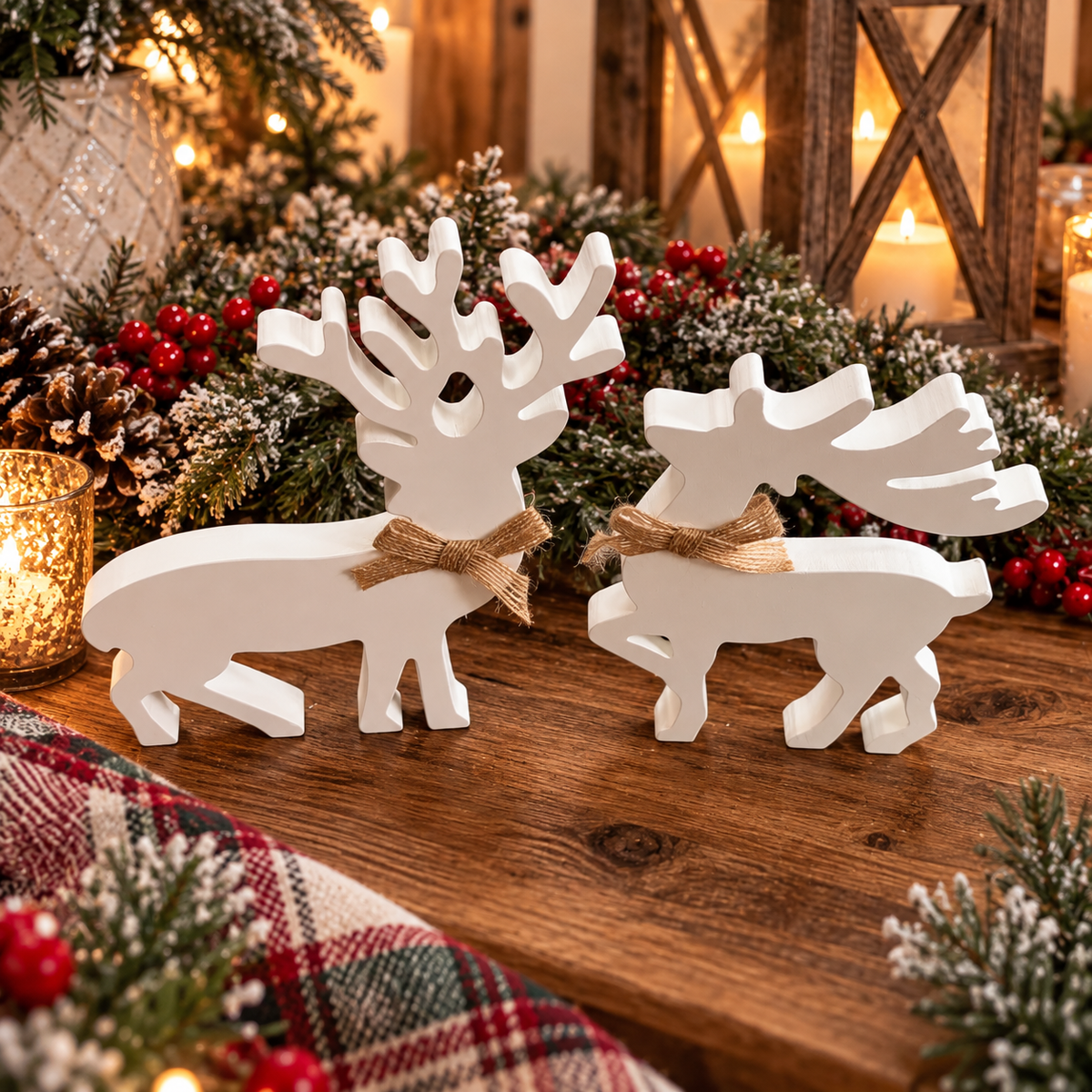 rustic wooden reindeer holiday decor
white reindeer Christmas tabletop decorations
wooden Christmas deer decorations for home
neutral Christmas reindeer decor
farmhouse holiday reindeer decor set
