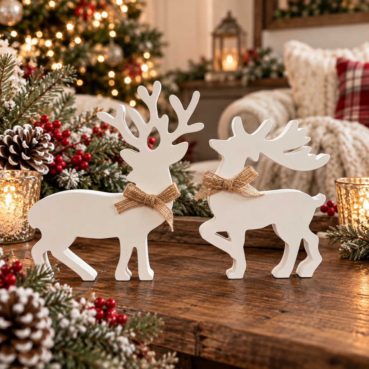 white wooden deer holiday decorations
farmhouse Christmas tabletop decorations
rustic white reindeer Christmas decorations
Christmas reindeer mantle decor