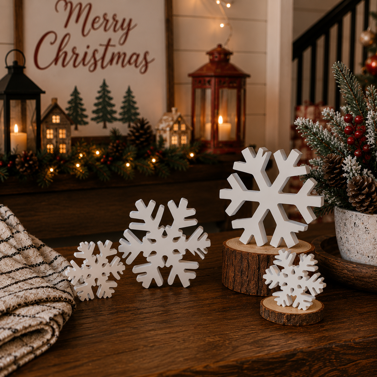 Assorted white wooden snowflakes in three designs
Decorative MDF snowflakes for winter home decorating
White freestanding snowflakes for shelves and mantels
Wooden Christmas snowflake decoration set
Large medium and small white snowflake figurines
White holiday snowflake decorations made from MDF
Indoor wooden snowflakes for Christmas decorating
White snowflake tabletop decorations with dimensional design
Reusable wooden snowflake decorations for winter
Decorative white Christmas snowflakes for seasonal dis