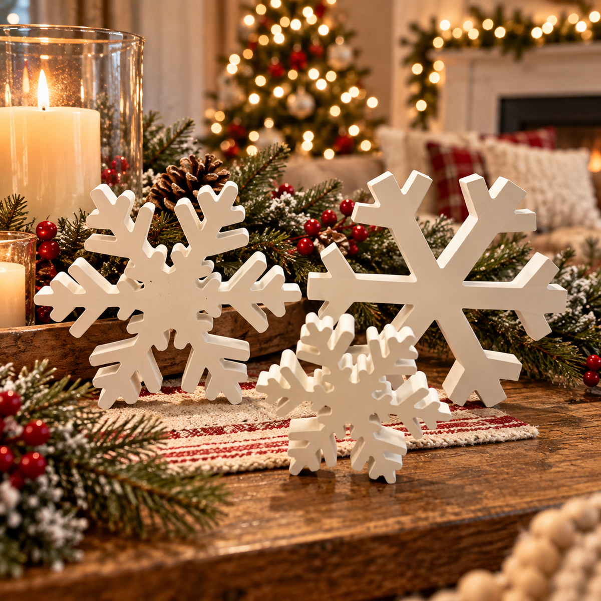 Christmas snowflake decoration set for holiday gift giving
Winter home décor gift with wooden snowflakes