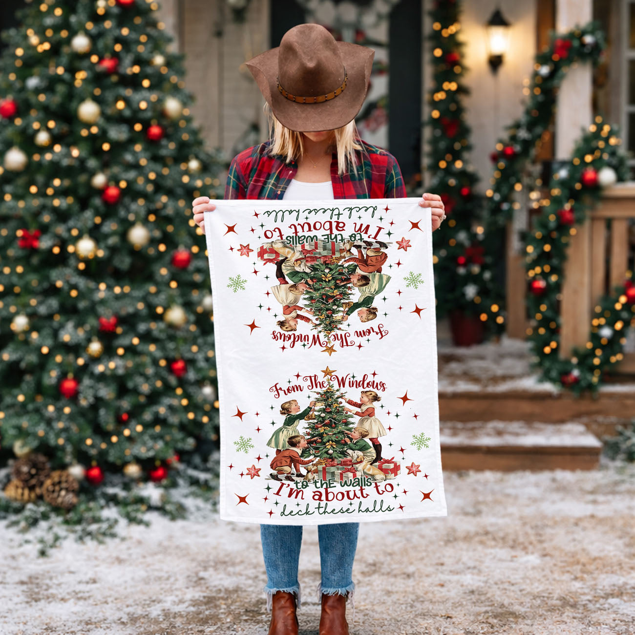 humorous holiday tea towel with retro kids and christmas tree
funny christmas kitchen towel with vintage christmas scene