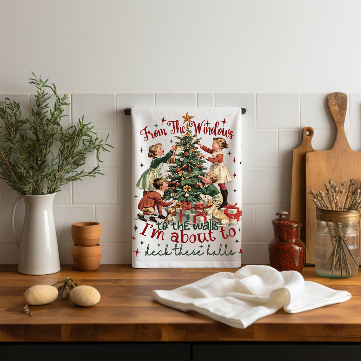 Antique style Christmas kitchen decor
Vintage holiday kitchen styling
Funny Christmas gifts kitchen towel
Hilarious Christmas gift ideas