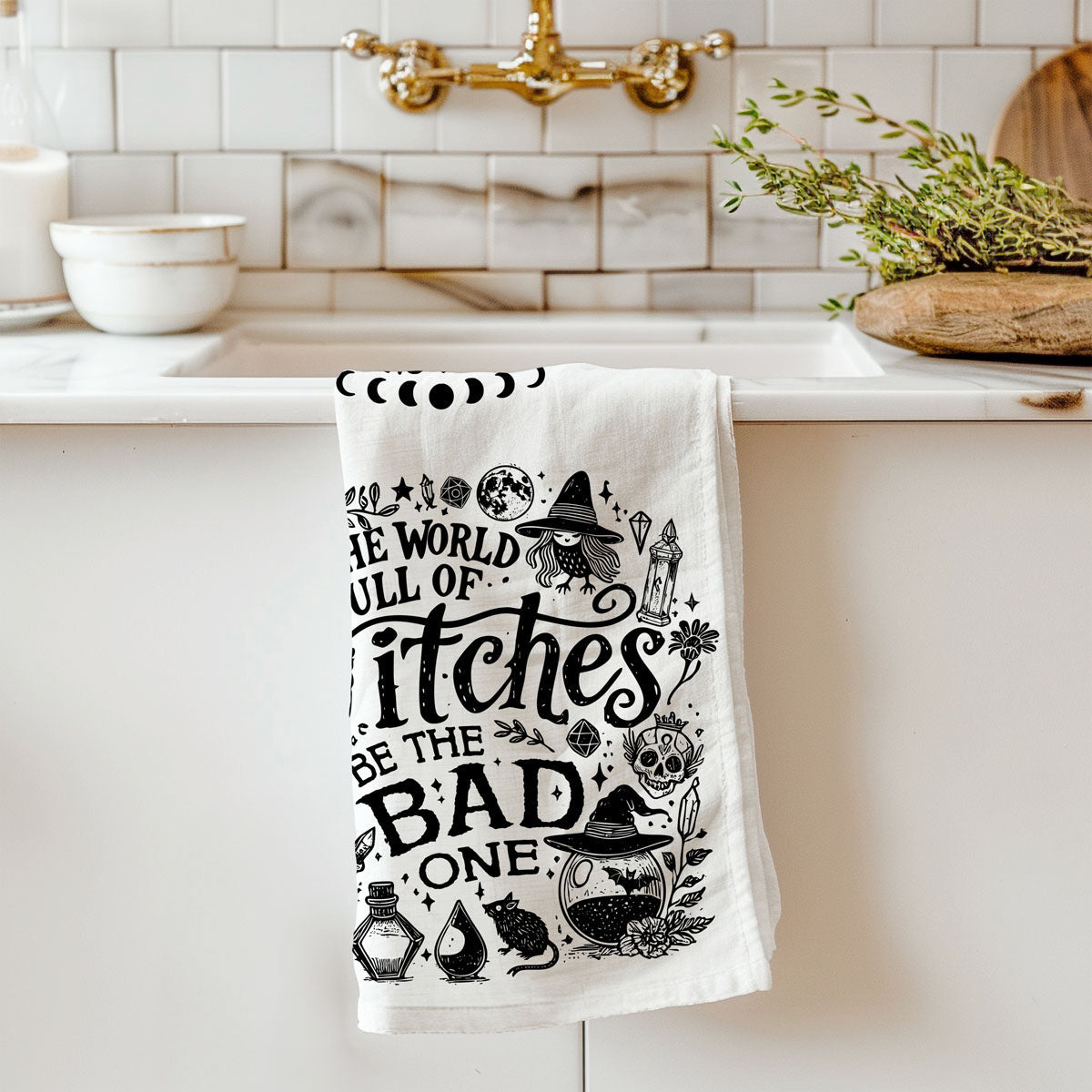witch aesthetic tea towel for year round spooky home décor
funny witchy cotton towel for halloween housewarming gift
snarky halloween kitchen accessory with witch silhouette design