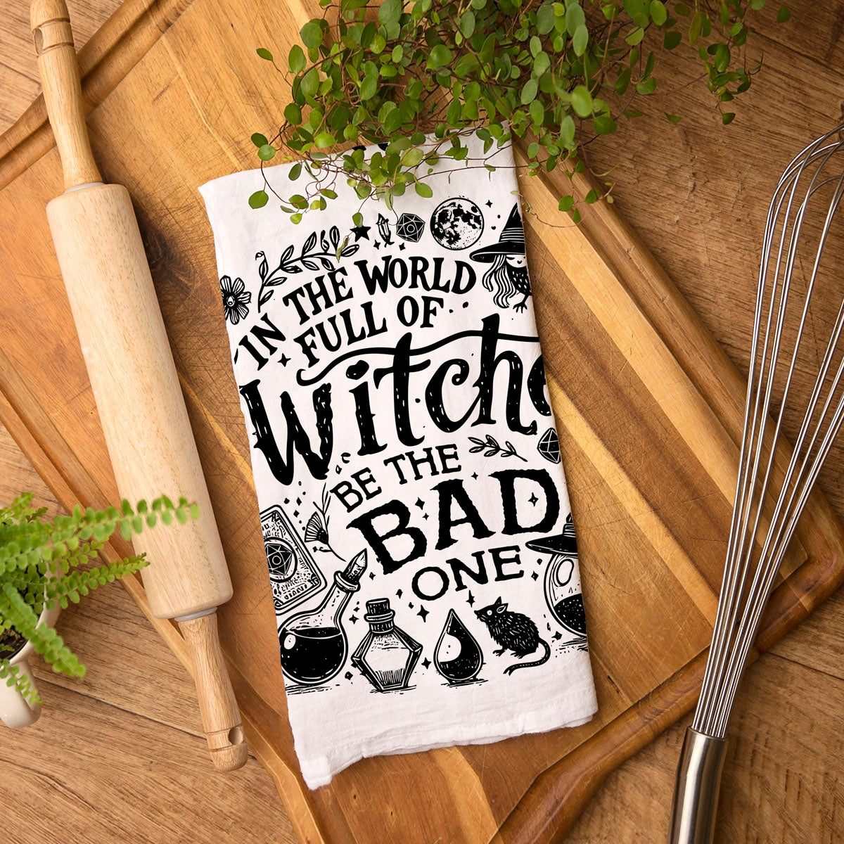 adult humor halloween towel with witchcraft theme
funny witch home accessory for goth or witchcore décor
ironic witch quote tea towel for fall home styling
sassy halloween witch décor for farmhouse kitchen bulk