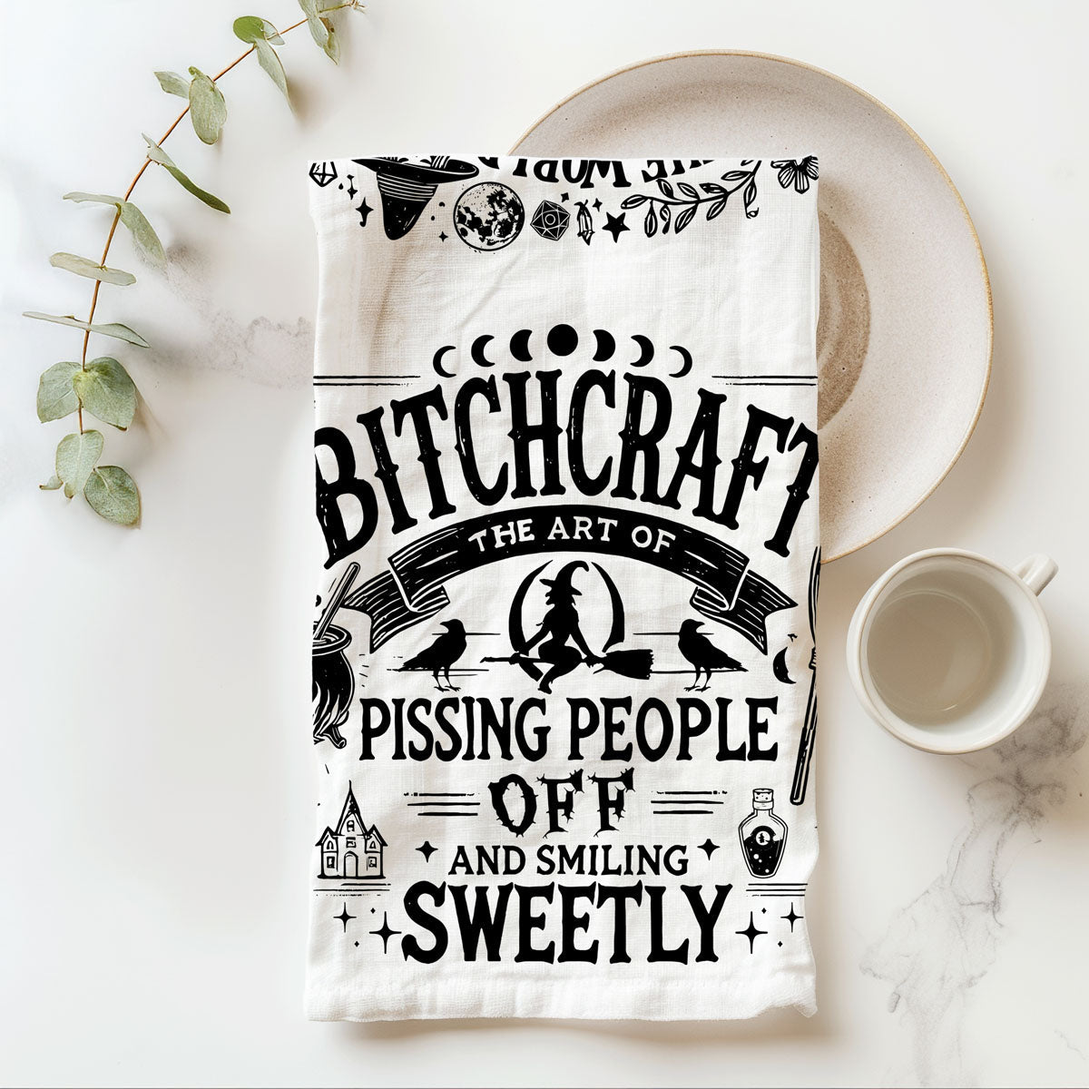 cheeky witchcraft phrase towel for bar cart décor
humor witch kitchen towel for seasonal home décor
tongue in cheek witch quote towel for spooky hostess gift
novelty witch themed halloween towel for adult décor