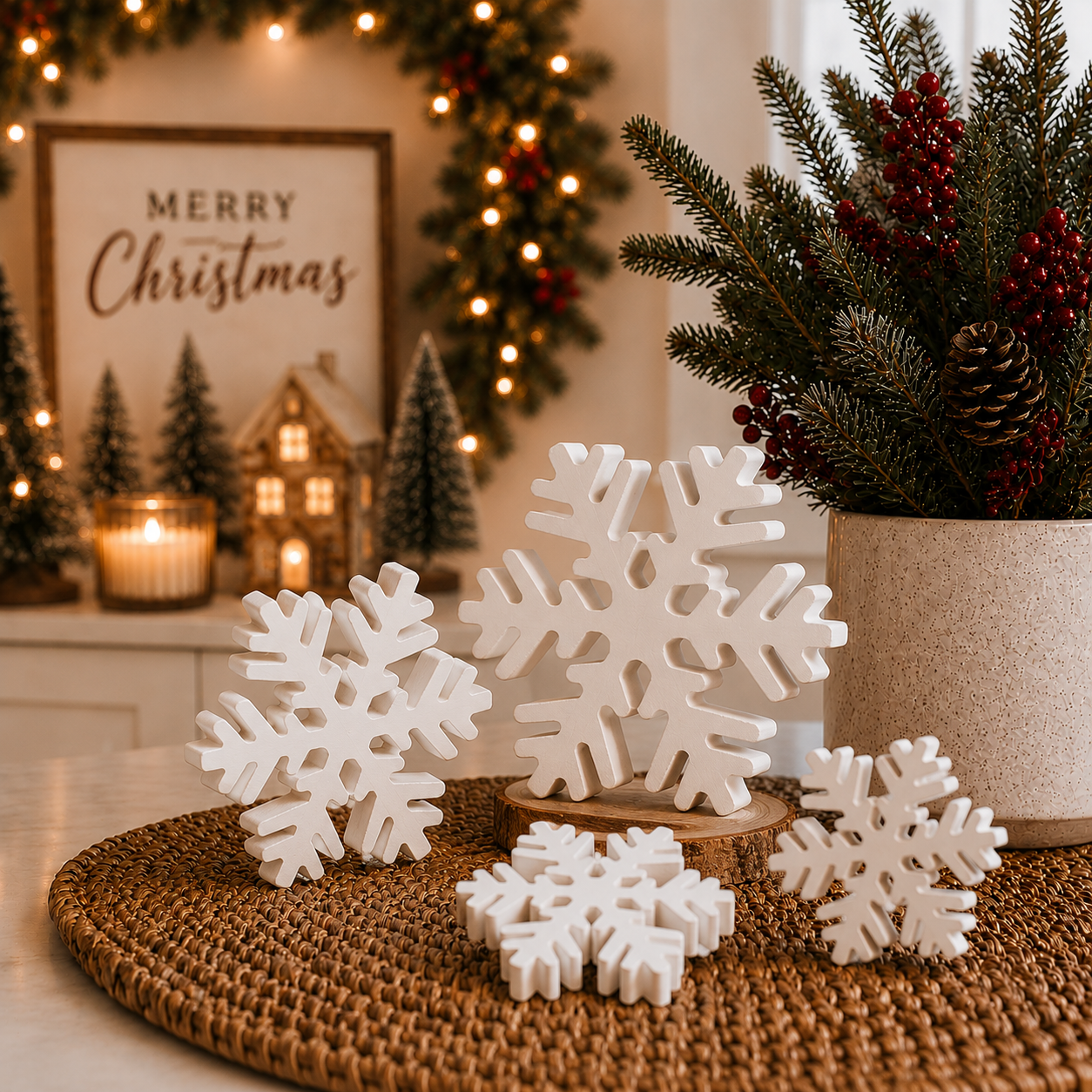 White Christmas snowflakes displayed on a rustic wood shelf
Snowflake decorations styled beside a Merry Christmas sign
Holiday shelf décor with white wooden snowflakes
Christmas fireplace display featuring freestanding snowflakes
White wooden snowflakes surrounded by warm holiday lights
Festive winter tabletop display with assorted snowflakes
Christmas console table décor with white snowflake accents
White snowflake figurines displayed with candles and greenery