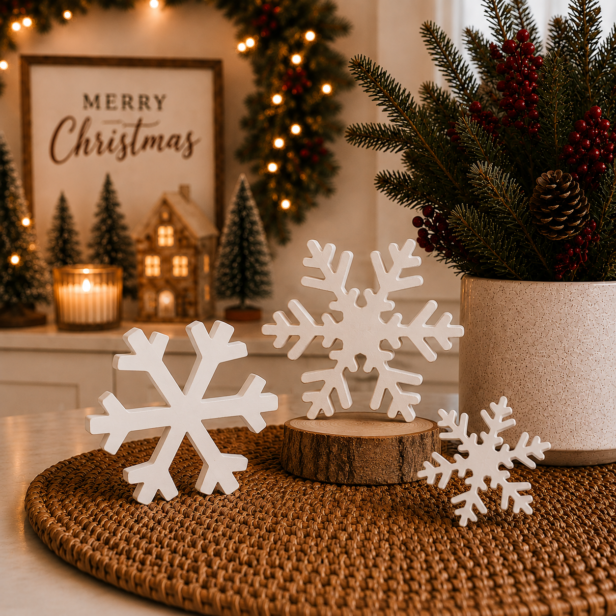 Christmas gift for a sister who loves home décor
Wooden snowflake gift for a mother-in-law
Holiday gift for a farmhouse décor lover
Unique Christmas decoration gift for someone who has everything
Large and small white snowflake figurines for shelf styling
Wooden snowflake Christmas decorations for a fireplace mantel
White snowflakes for a Christmas village or tabletop display
Rustic winter wonderland decorations made from MDF
White wooden snowflake trio for modern farmhouse holiday décor
