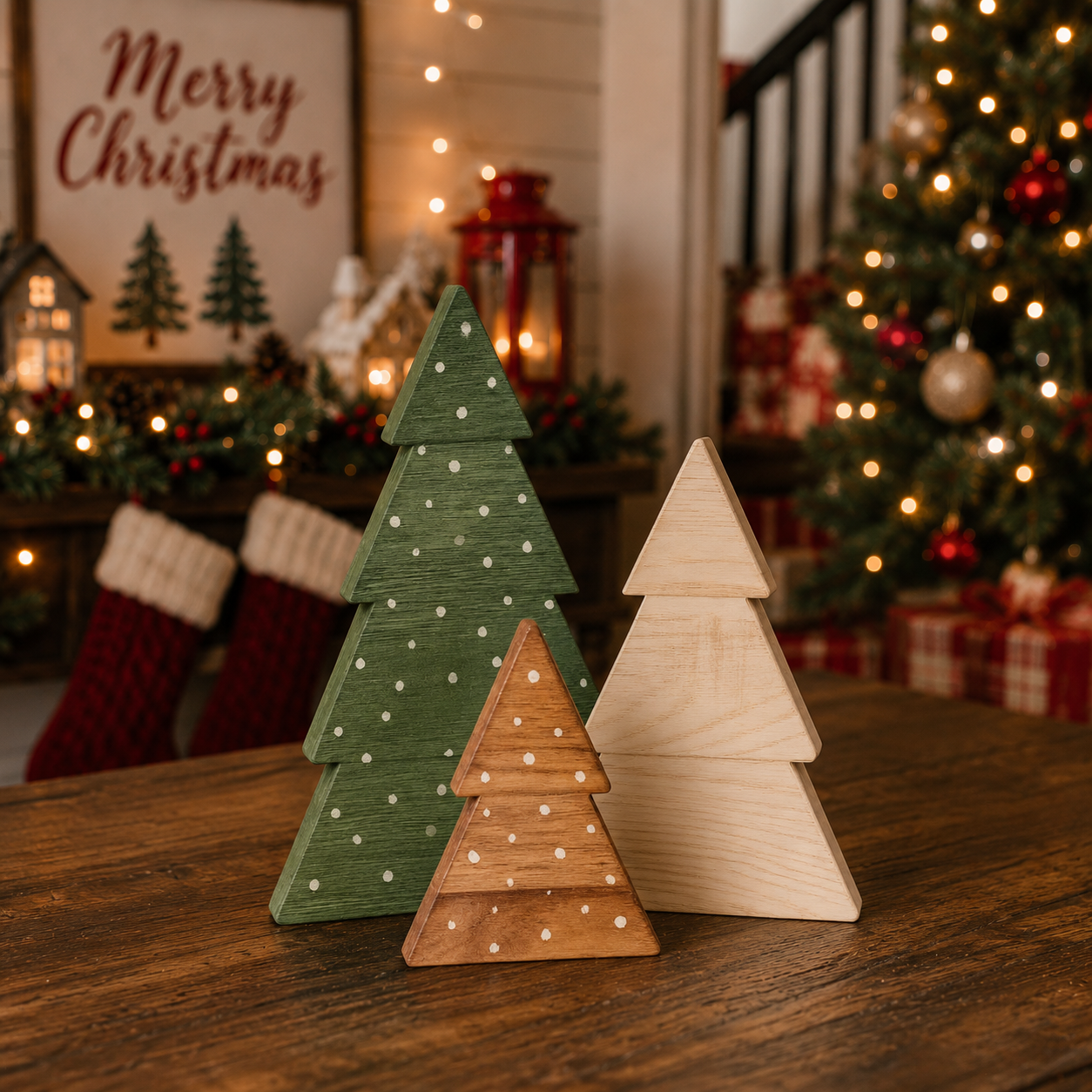 Wooden tree trio for a holiday coffee table display
Christmas kitchen décor featuring small wooden tree decorations
Wooden tabletop Christmas trees displayed on a woven placemat
Rustic holiday décor with snowy wooden evergreen trees
Wooden Christmas trees for mantel decorating
Small Christmas tree decorations for a fireplace mantel
Boxwood Christmas trees for holiday shelf décor
Freestanding wooden Christmas trees for a bookcase
Christmas tabletop decorations for a dining room